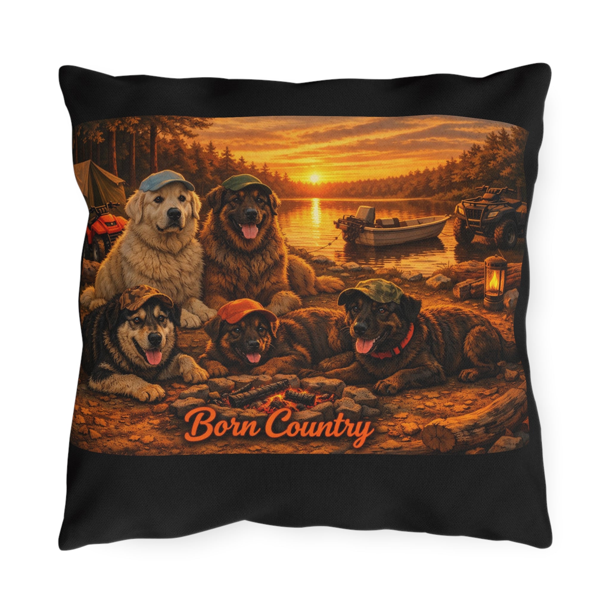 Born Country Campfire Dog Outdoor Throw Pillow — Rustic Lakehouse Decor