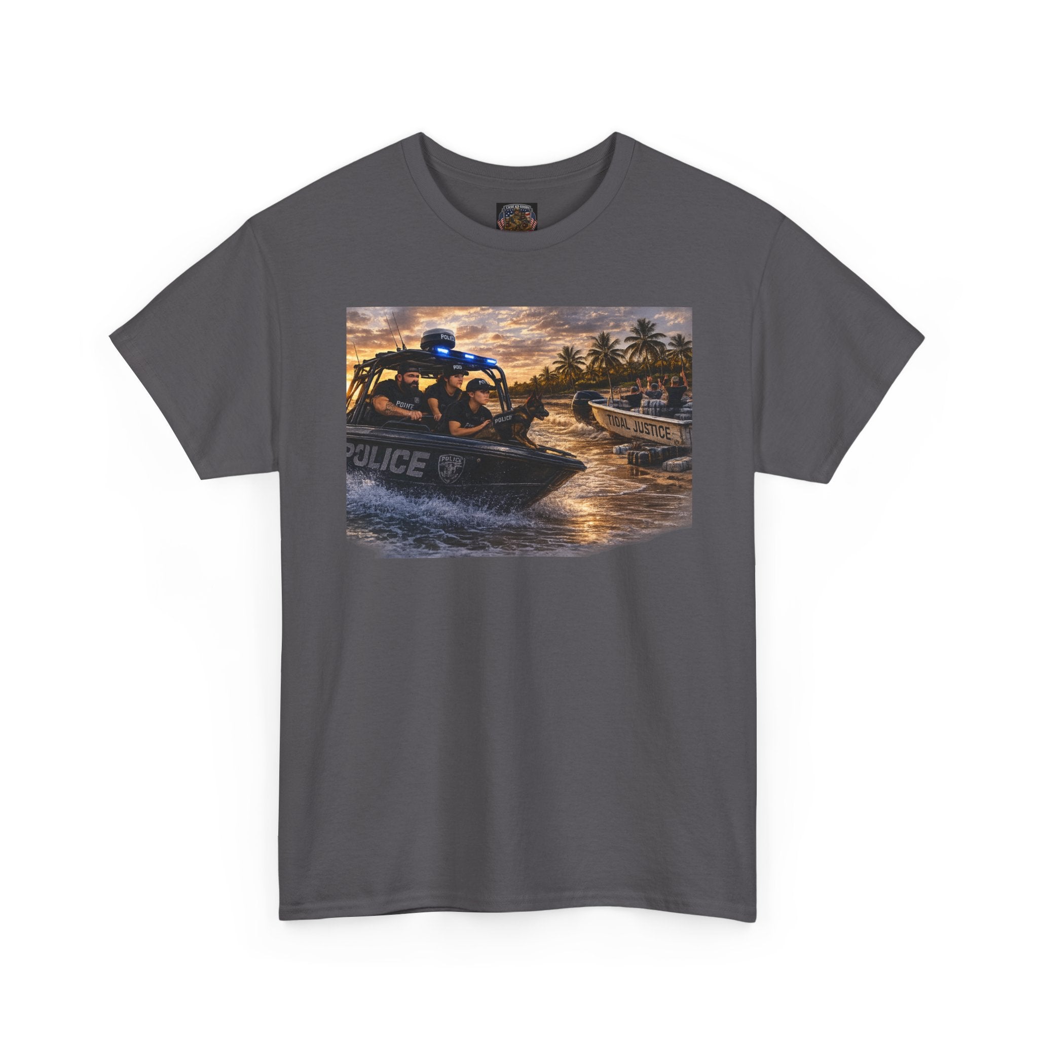 Police K-9 Rescue Boat T‑Shirt — Coastal Patrol Sunset Graphic Tee