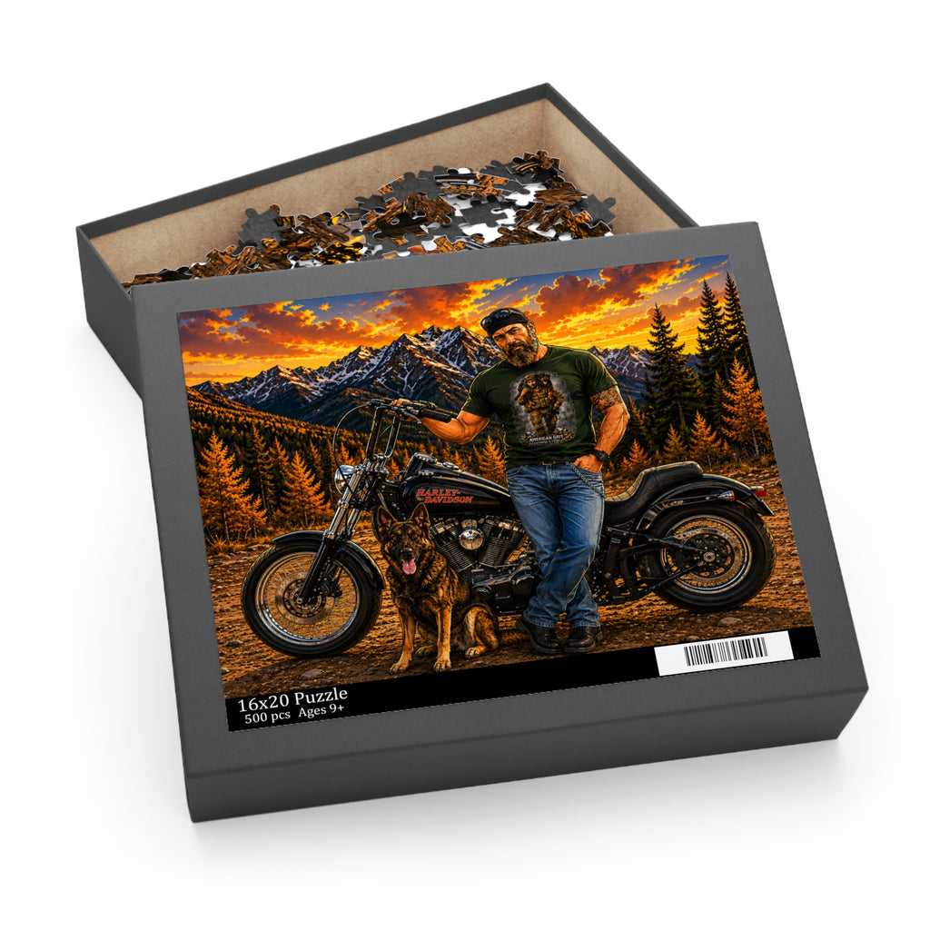 Motorcycle Sunset Puzzle — Biker with Dog Mountain Scene (120/252/500-Piece)