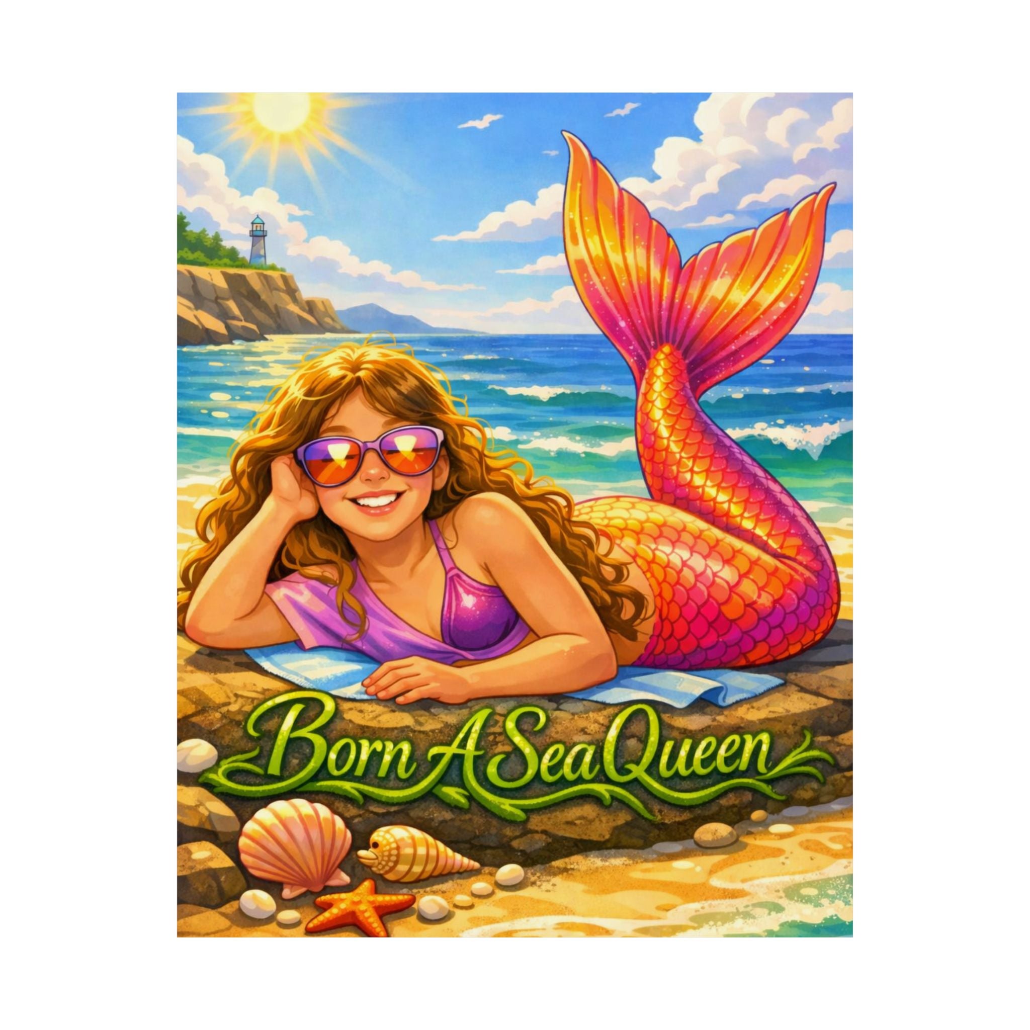 Born A Sea Queen Satin Poster — Colorful Mermaid Beach Art Print
