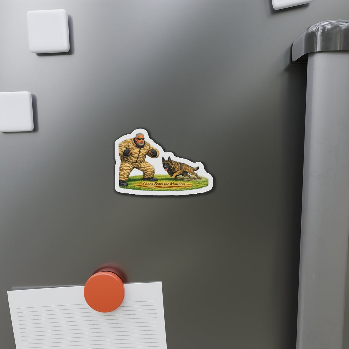 K9 Training Magnet — "Chaos Fears the Malinois" Die-Cut Refrigerator Magnet