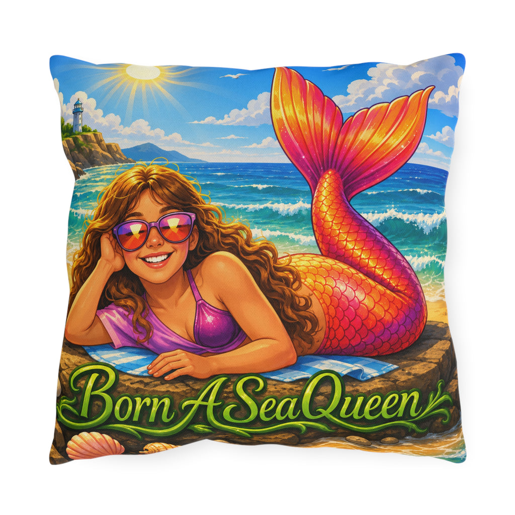 Mermaid Beach Outdoor Pillow - "Born A Sea Queen" Coastal Decorative Patio Cushion
