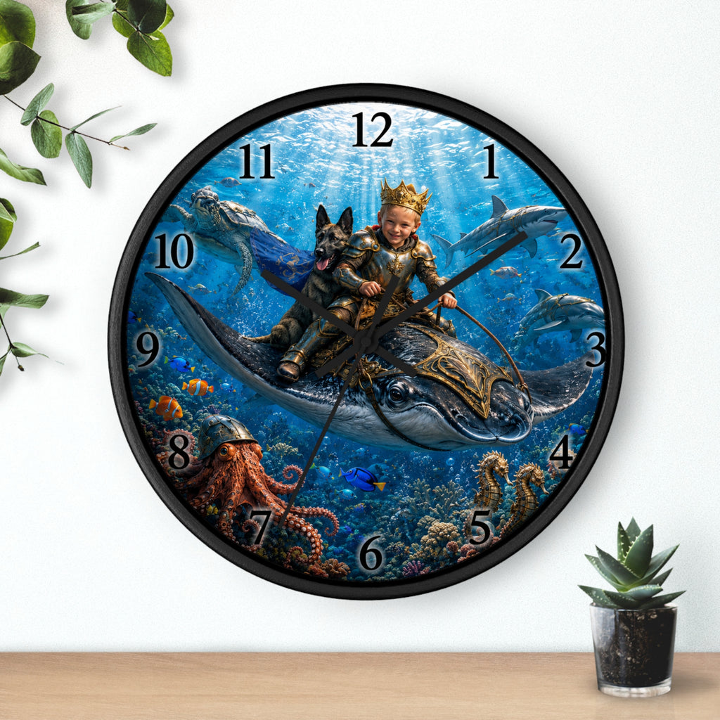 Underwater Kingdom Wall Clock — Boy K9 King Riding Manta Ray Fantasy Ocean Clock