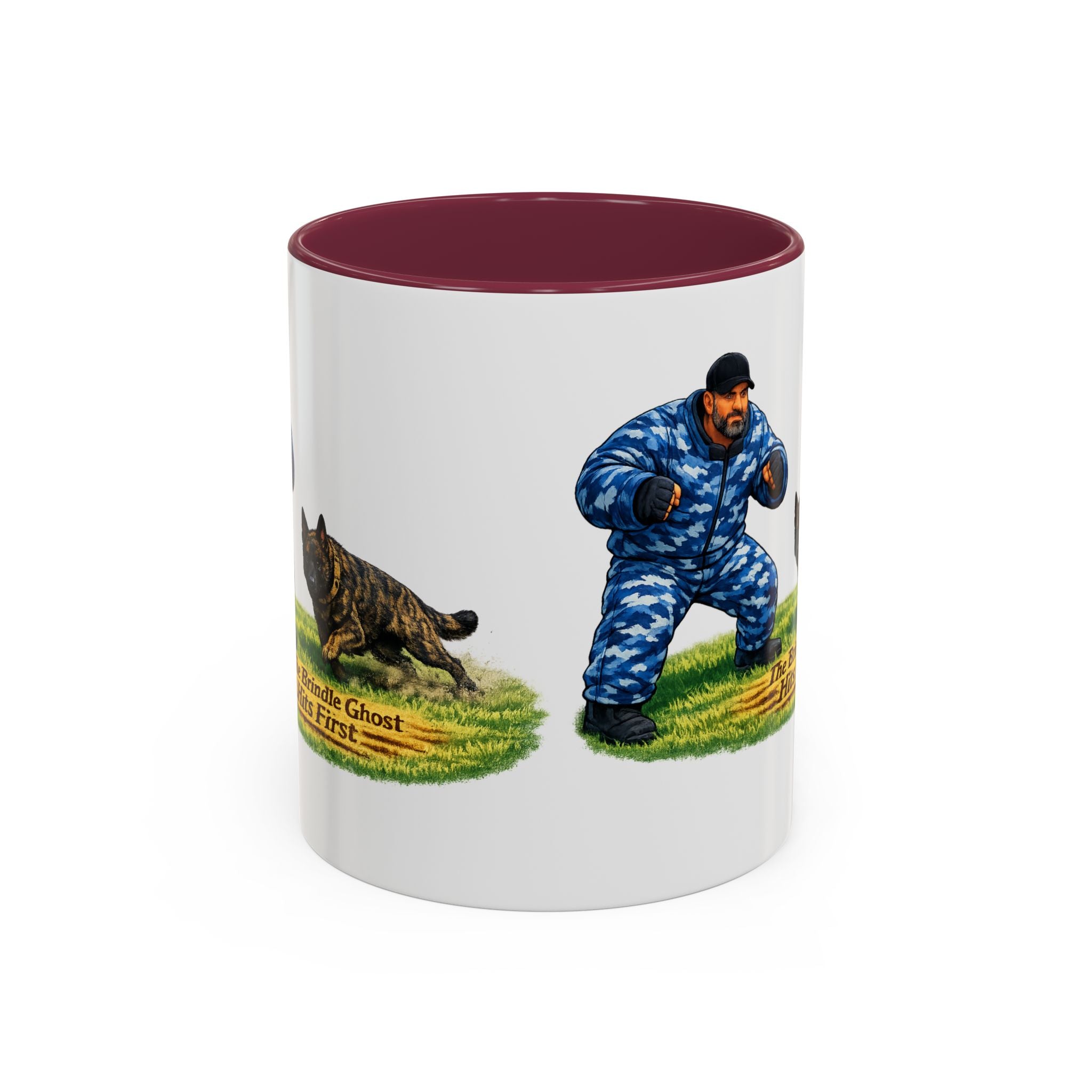 K9 Protection Trainer Mug — “The Brindle Ghost Hits First” Color Accent Coffee Cup (11oz/15oz)