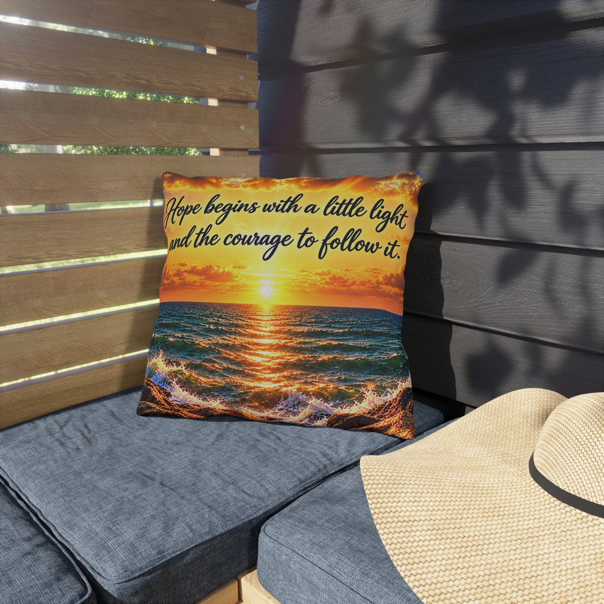 Outdoor Pillow – Hope Begins with a Little Light Inspirational Sunset Ocean Cushion