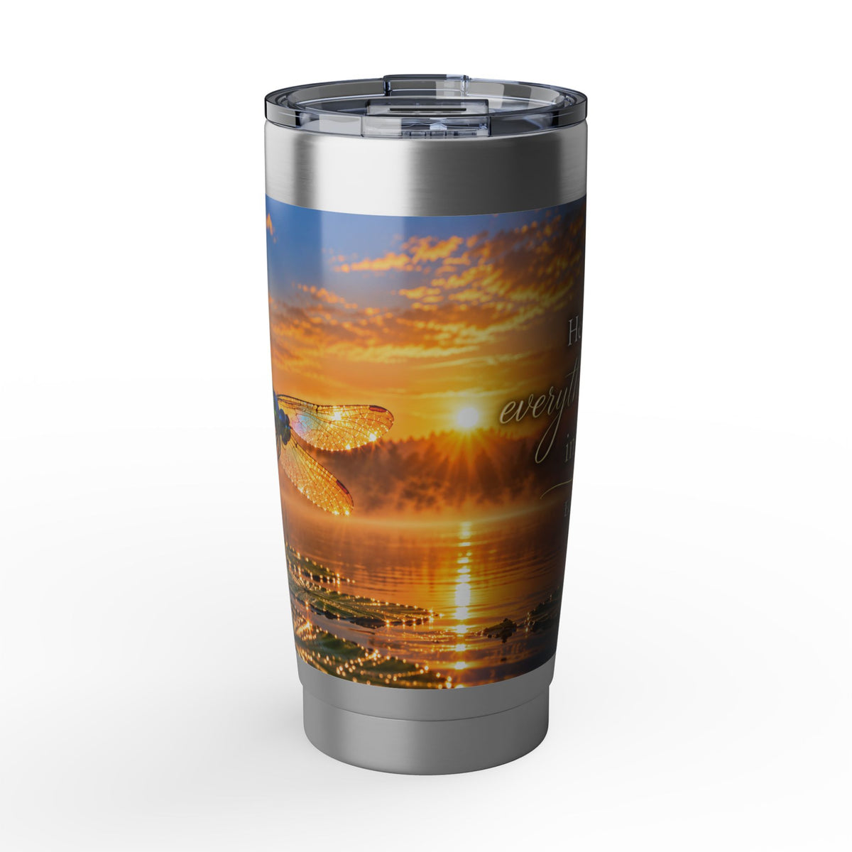 Dragonfly Scripture Sunset Lakeside 20oz Tumbler — Inspirational Bible Scripture Travel Mug