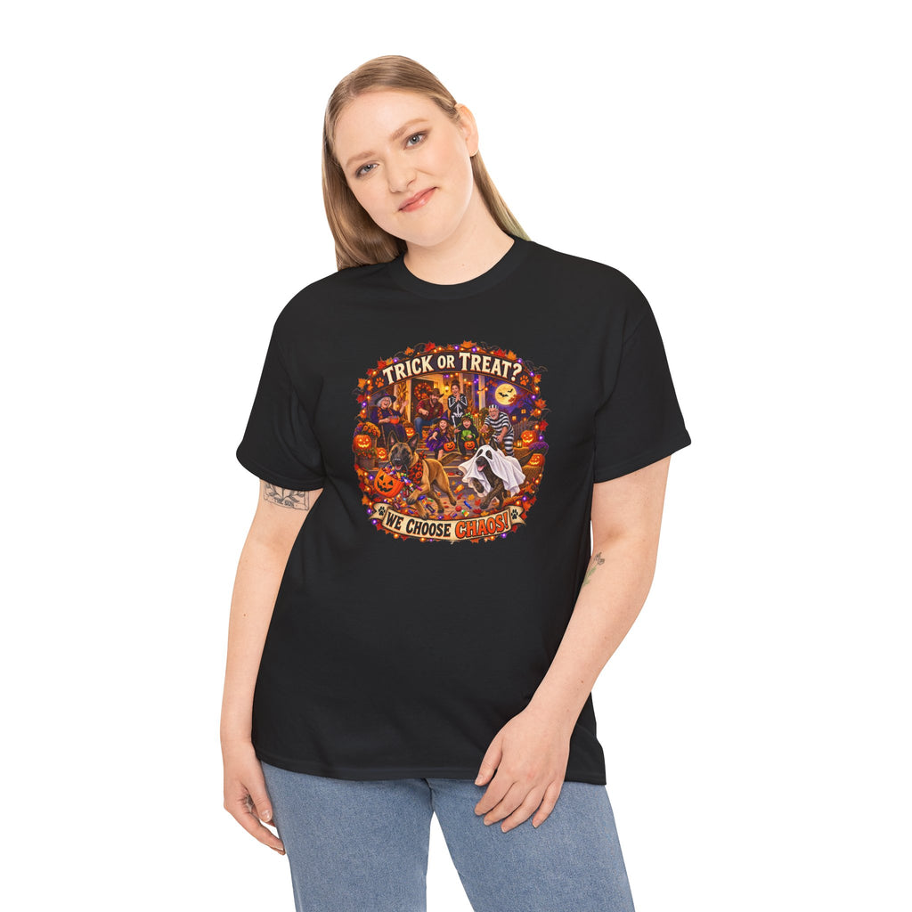 Halloween Trick or Treat T‑Shirt — 'Trick or Treat? We Choose' Spooky Malinois K-9  Graphic Tee