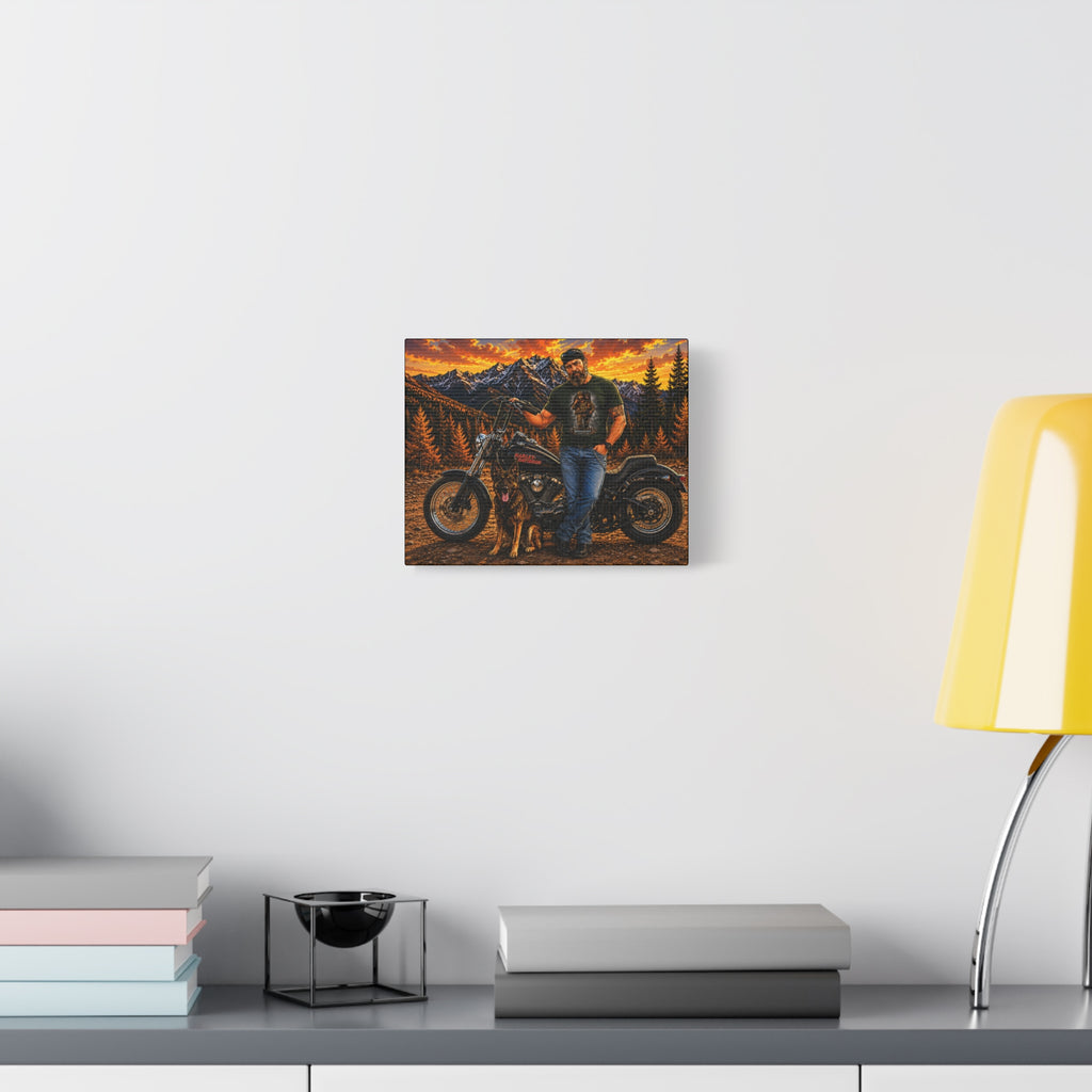 Biker & German Shepherd Matte Canvas Print — Sunset Mountain Motorcycle Wall Art