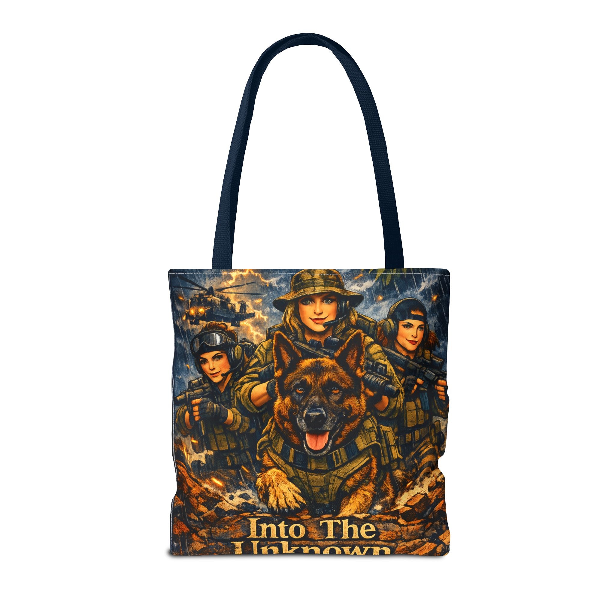 Military K9 Tote Bag — "Into The Unknown" Tactical Dog & Soldier Print