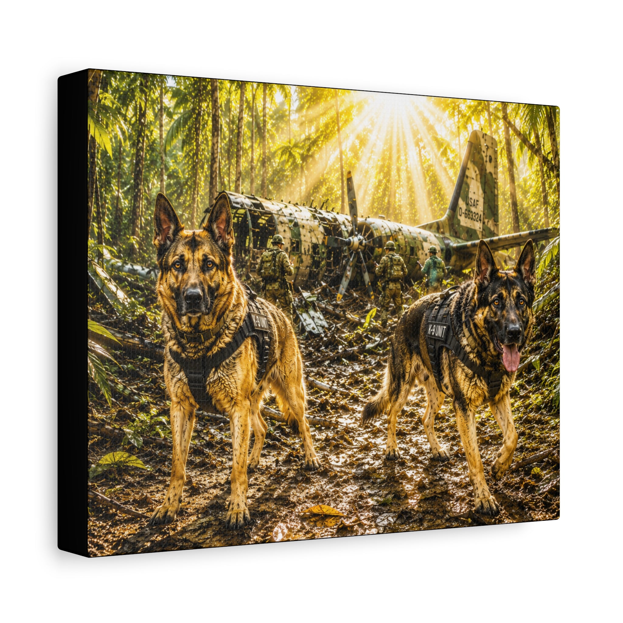 Military Search & Rescue Dogs Canvas Print — German Shepherd K9 Woodland Wall Art
