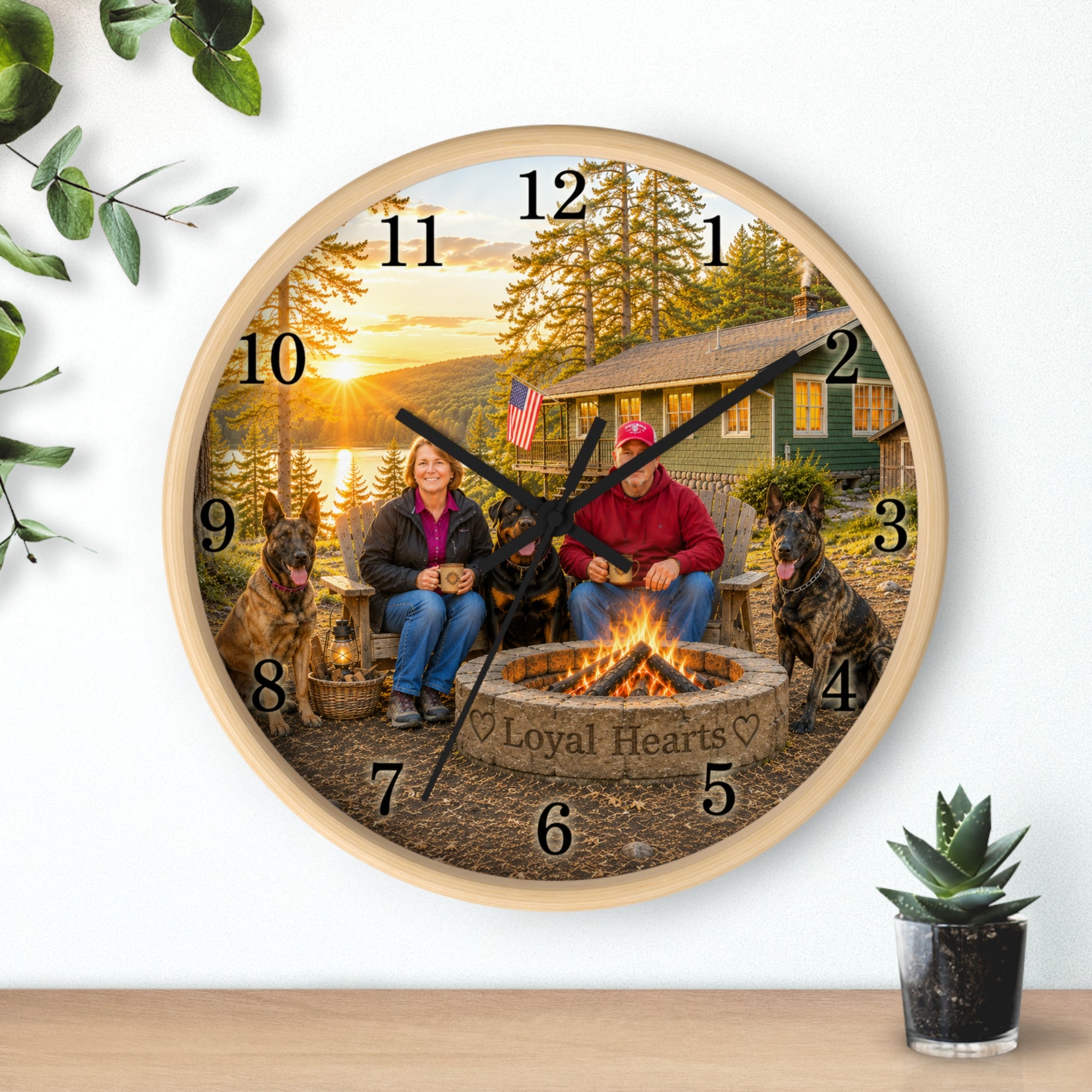 Cabin Campfire Clock — Personalized Lakeside Family Wall Clock ("Loyal Hearts")