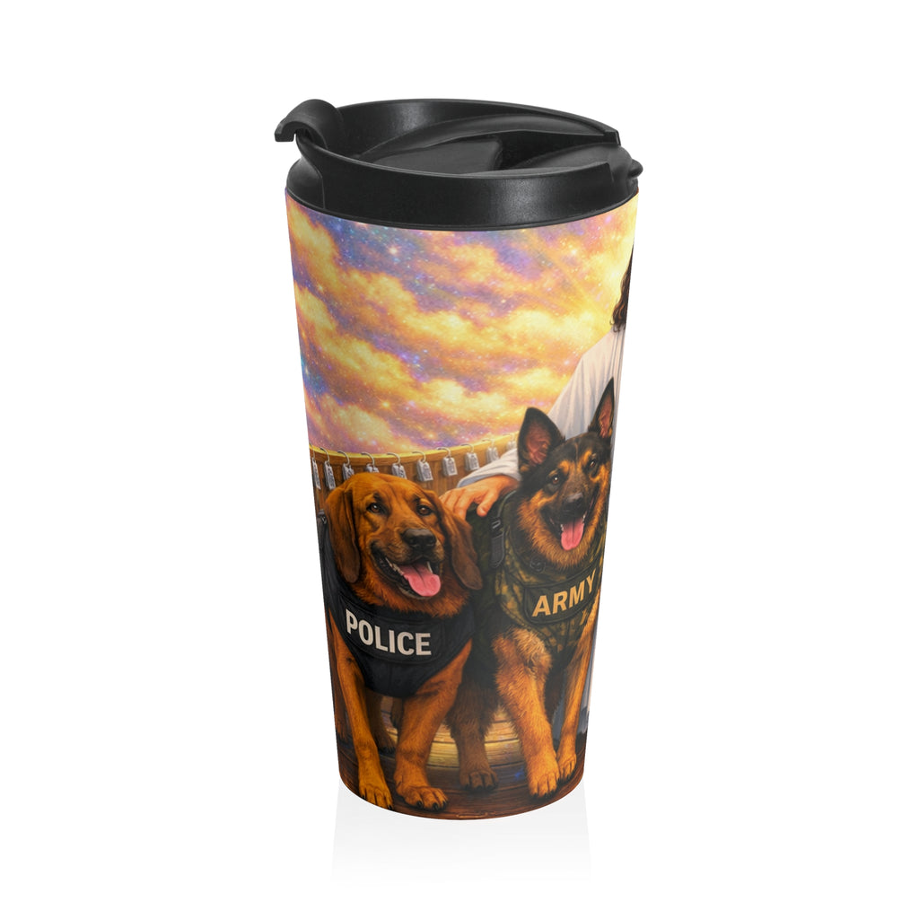 Christian Guardian Dogs Stainless Steel Travel Mug — Jesus with K9 Service Dogs (Army, Navy, Police, Rescue)