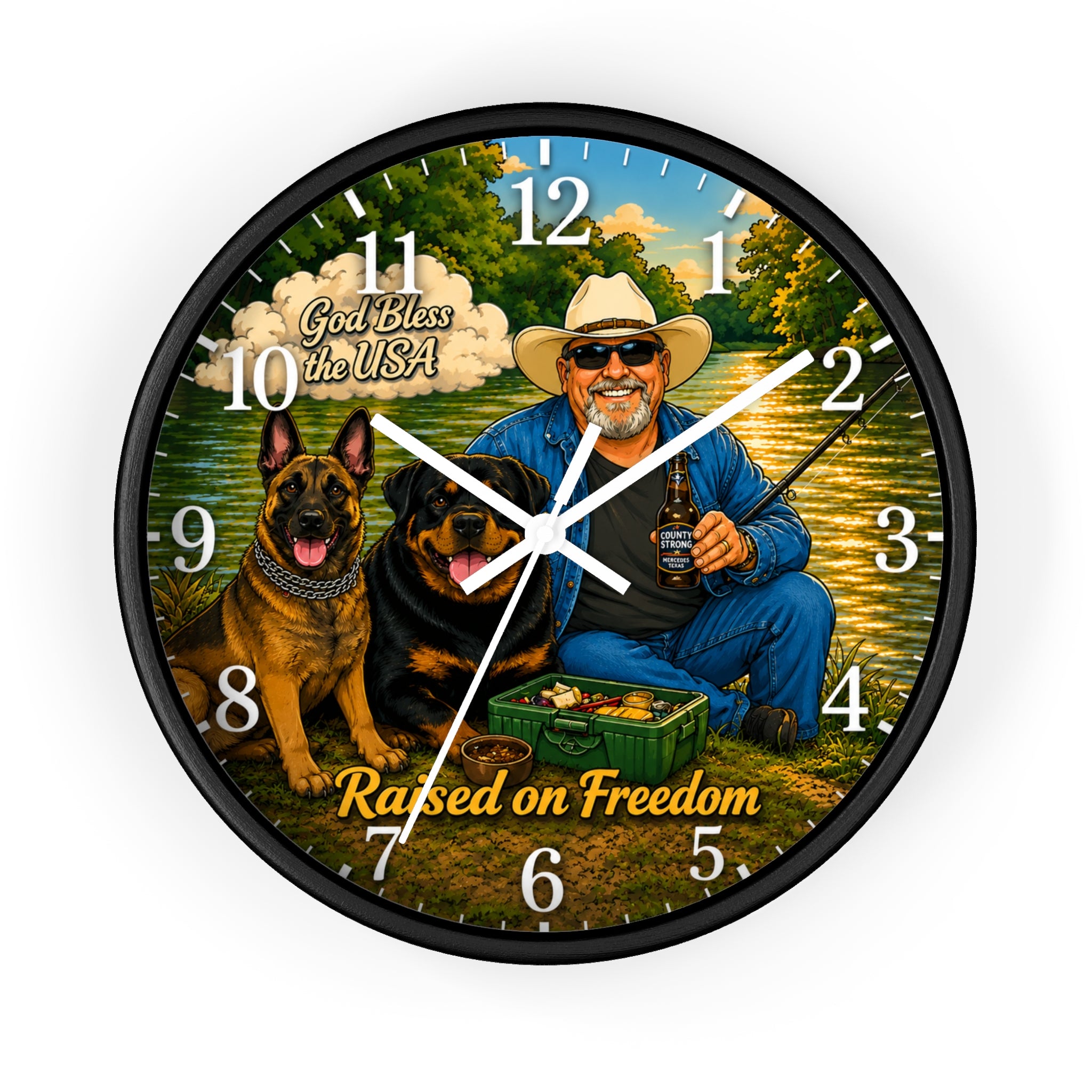 Raised on Freedom Wall Clock — 'God Bless the USA' Patriotic Fishing Clock with Dogs