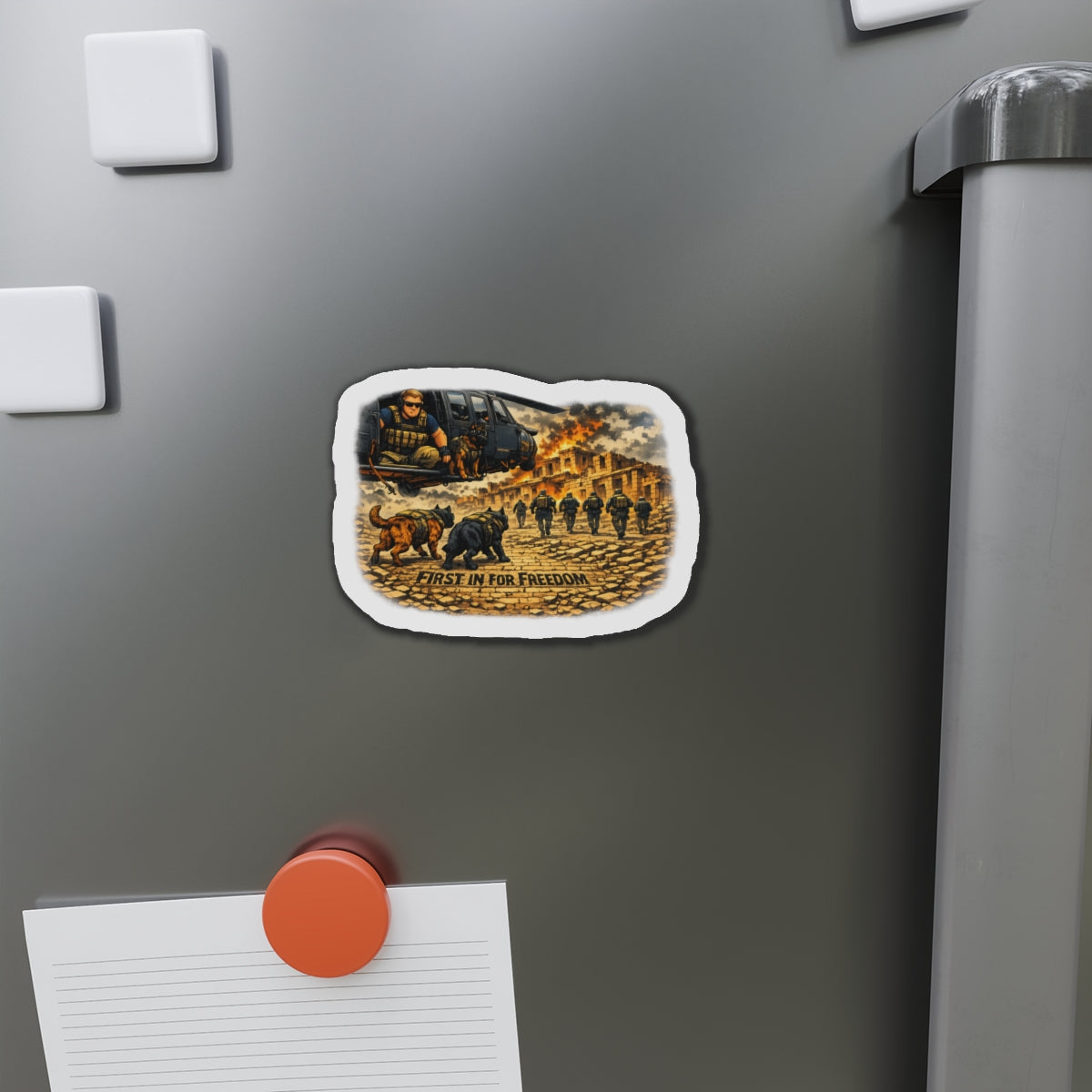 Die-Cut Magnet — "First In For Freedom" Military K9 & Soldier Scene