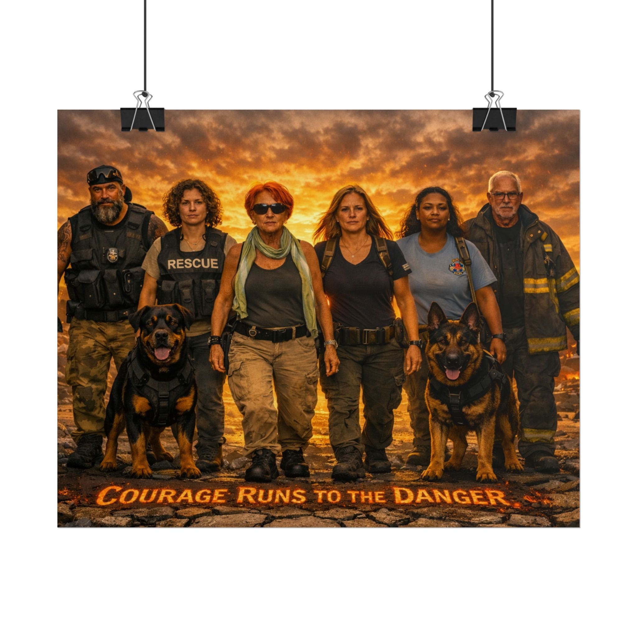 Rolled Poster — "Courage Runs to the Danger" K9 Rescue & First Responders Wall Art