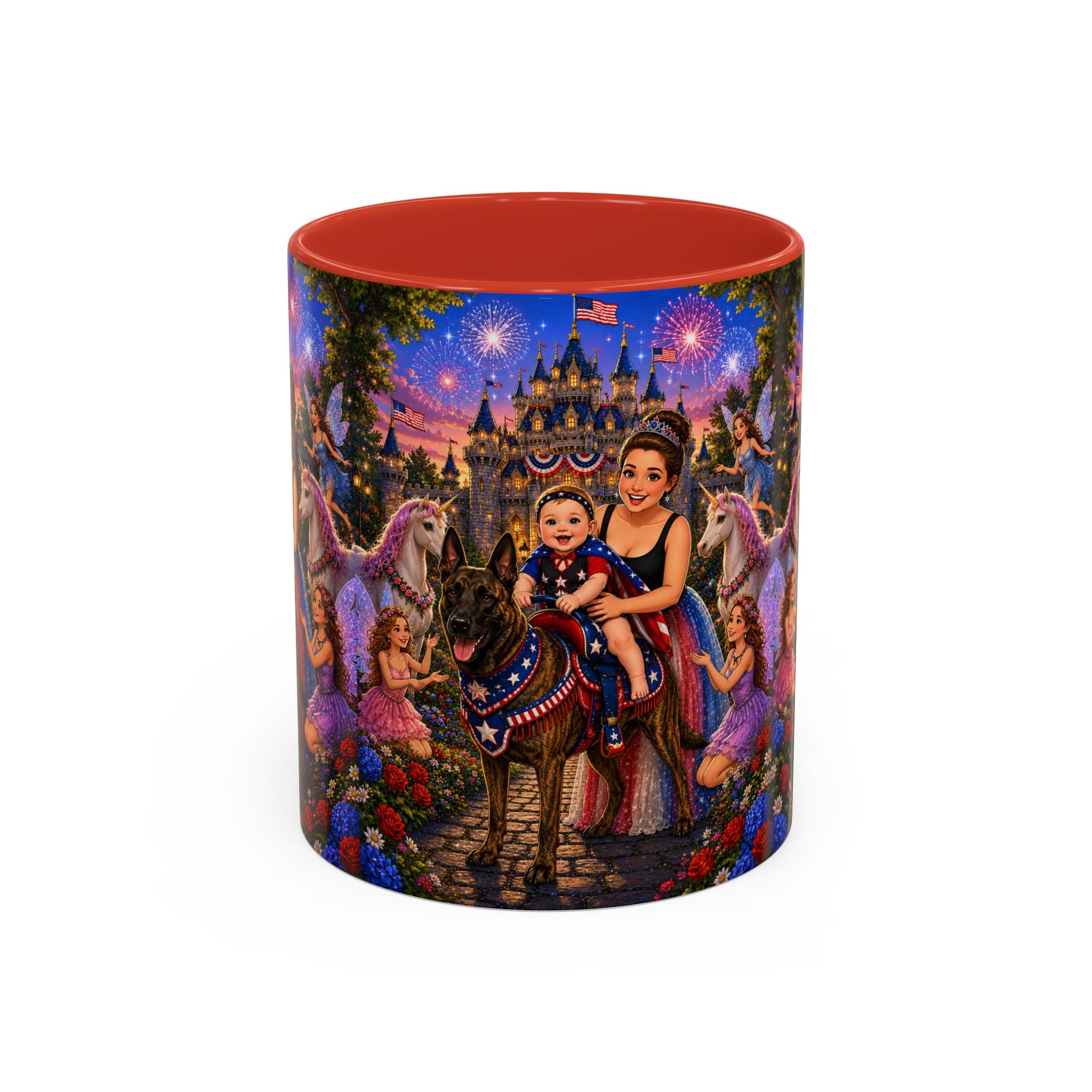Patriotic Fairy Tale Coffee Mug — Family Castle, Fireworks & Unicorns