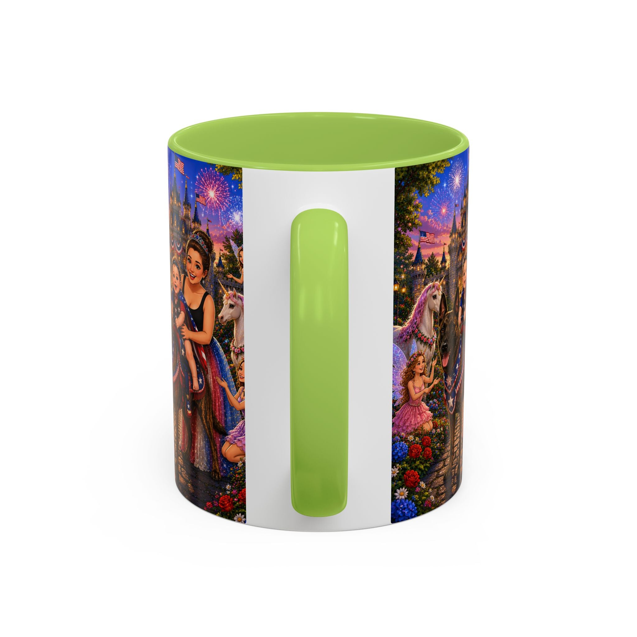 Patriotic Fairy Tale Coffee Mug — Family Castle, Fireworks & Unicorns