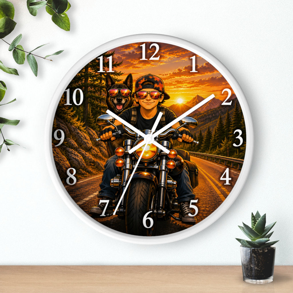 Biker K-9 Sunset Wall Clock — Motorcycle Rider & Dog Road Trip Decor