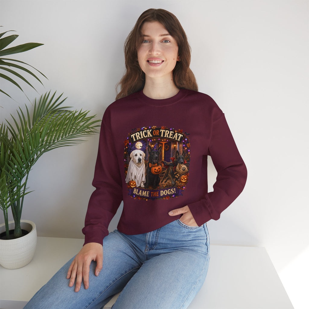 Halloween Crewneck Sweatshirt - "Trick or Treat, Blame the Dogs" Cute K-9 Dog Ghost Pumpkin Design