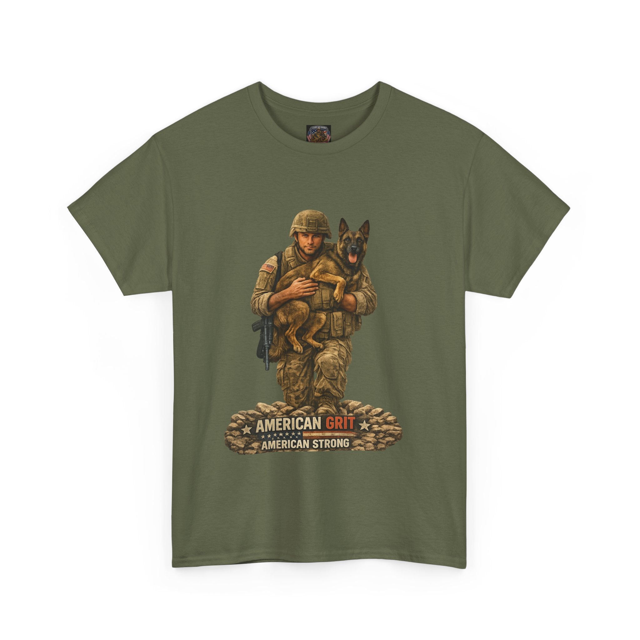 Military Soldier & K9 Rescue T‑Shirt — "American Grit, American Strong"