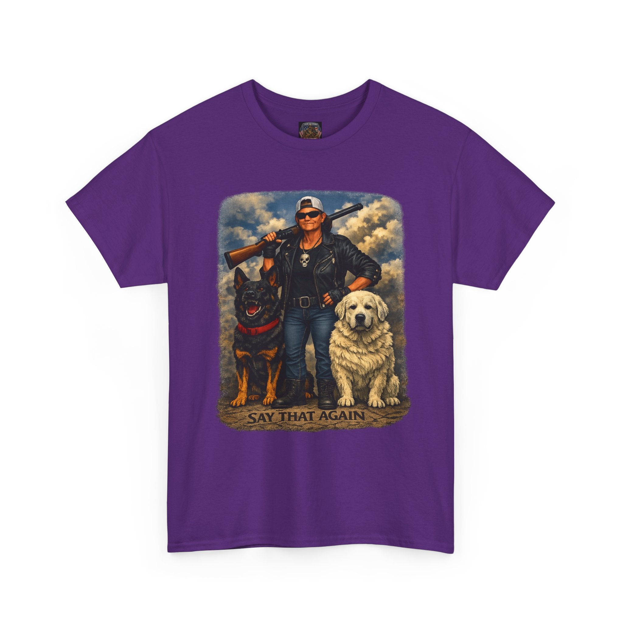 Say That Again Tee — Tough Biker With Rottweiler & Retriever Graphic T-Shirt
