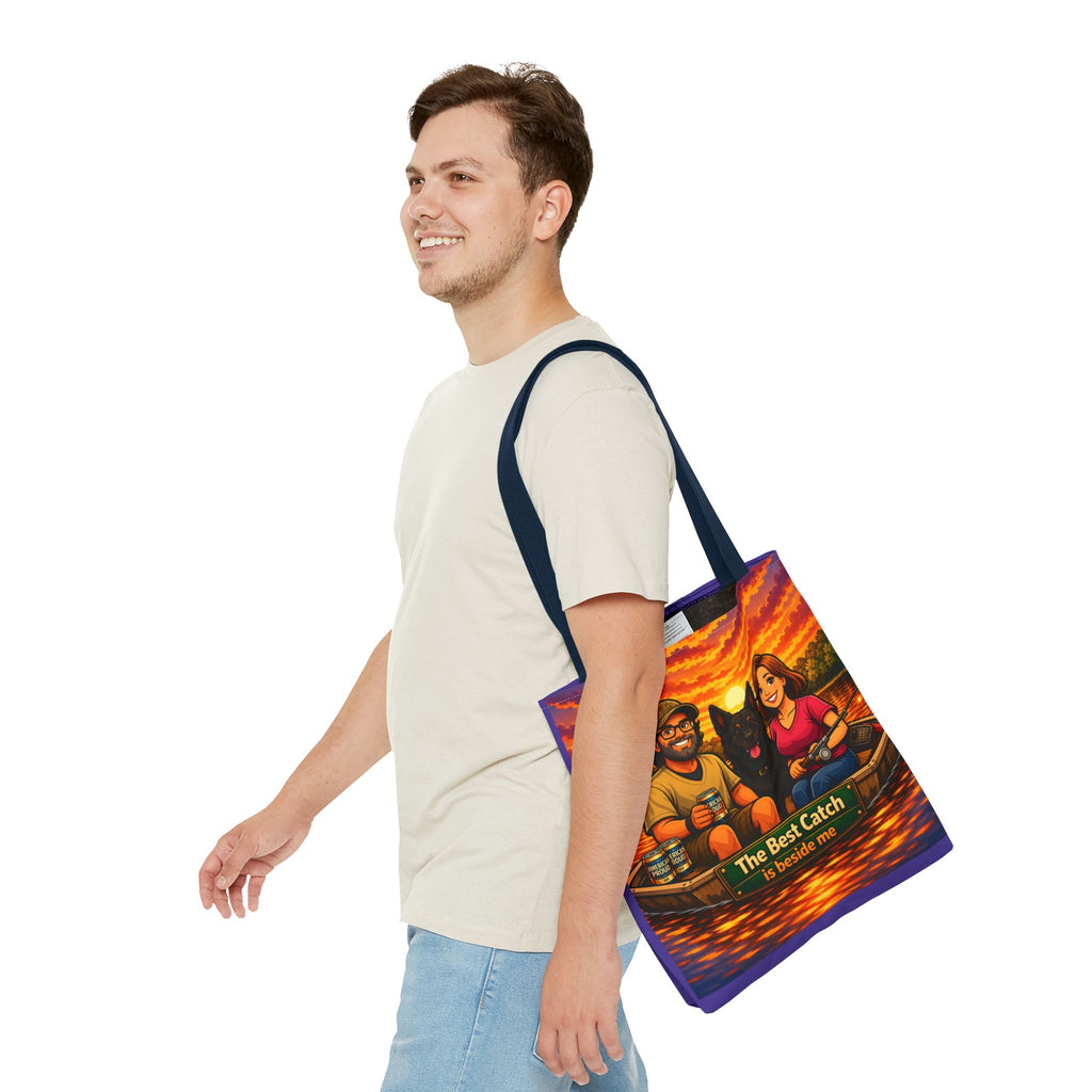Tote Bag — "The Best Catch Is Beside Me" Fishing Couple & Dog Sunset Tote