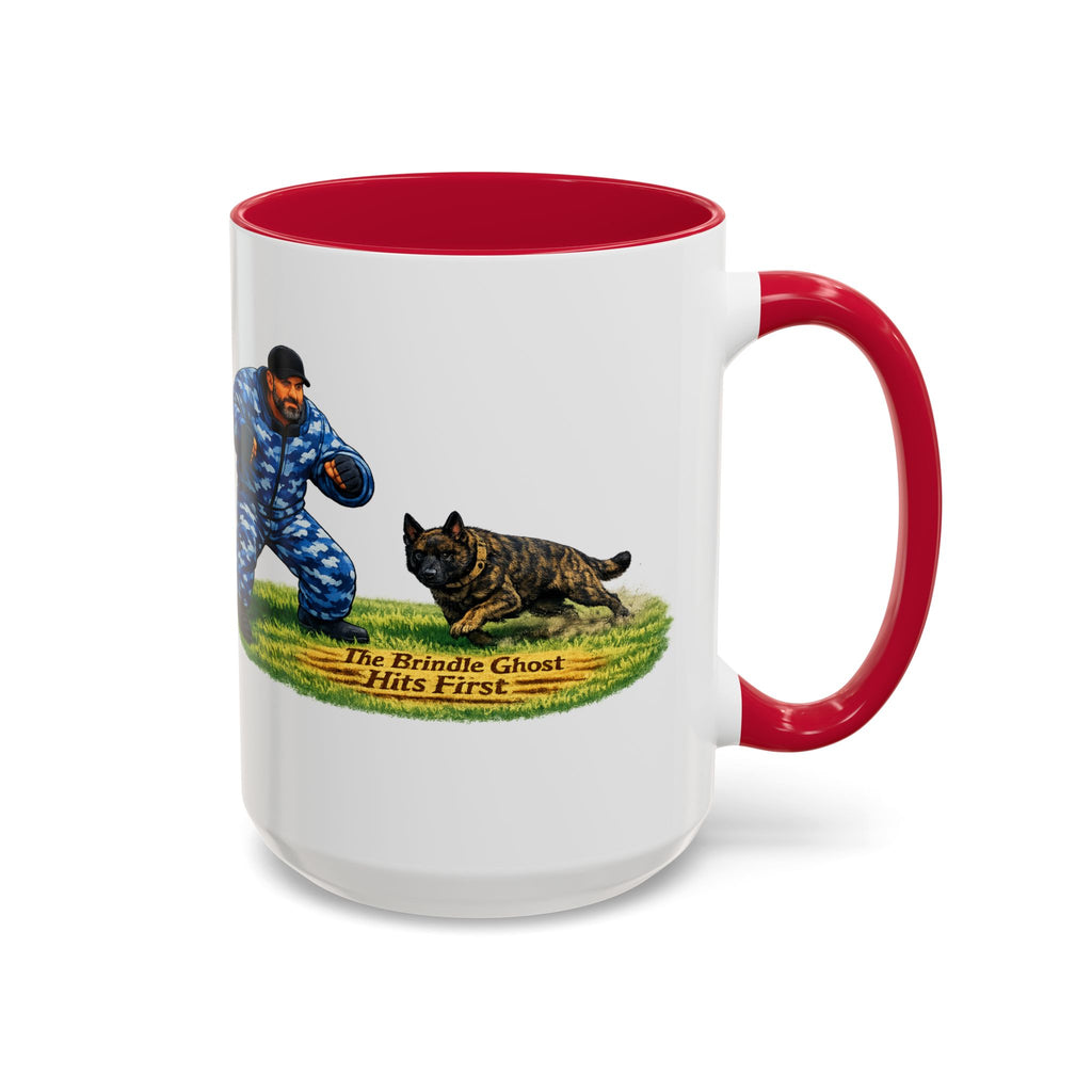K9 Protection Trainer Mug — “The Brindle Ghost Hits First” Color Accent Coffee Cup (11oz/15oz)