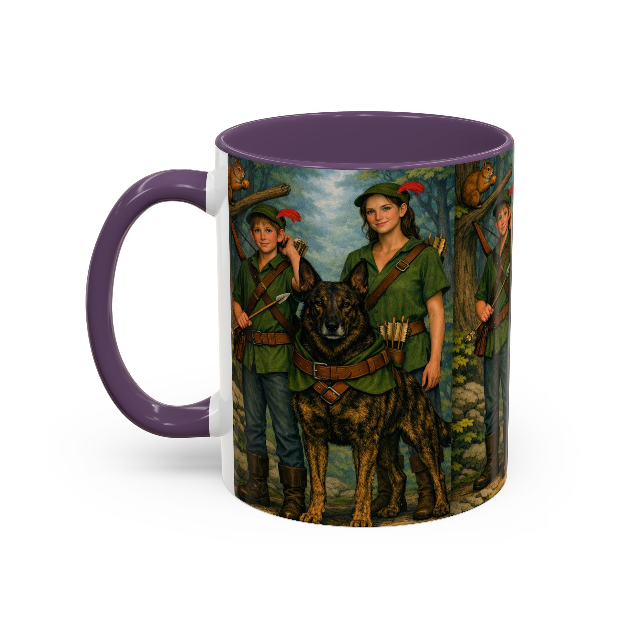 Robin Hood Duo &  Dutch Shepherd Dog Coffee Mug – Fantasy Archer Duo Illustration, Gift for Adventure Fans