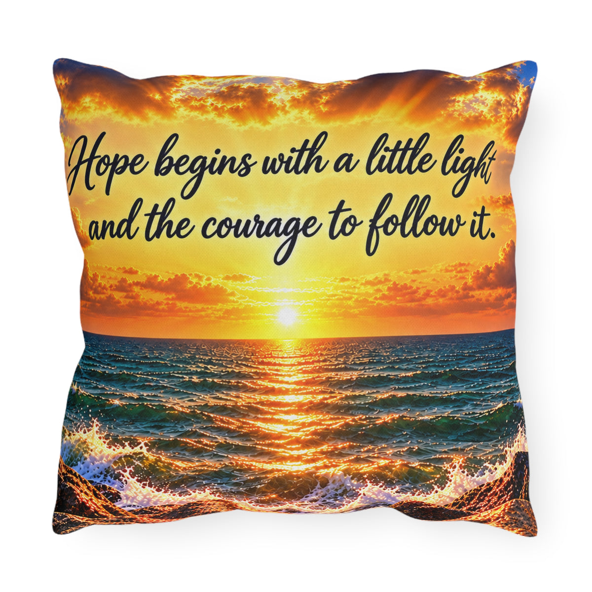 Outdoor Pillow – Hope Begins with a Little Light Inspirational Sunset Ocean Cushion
