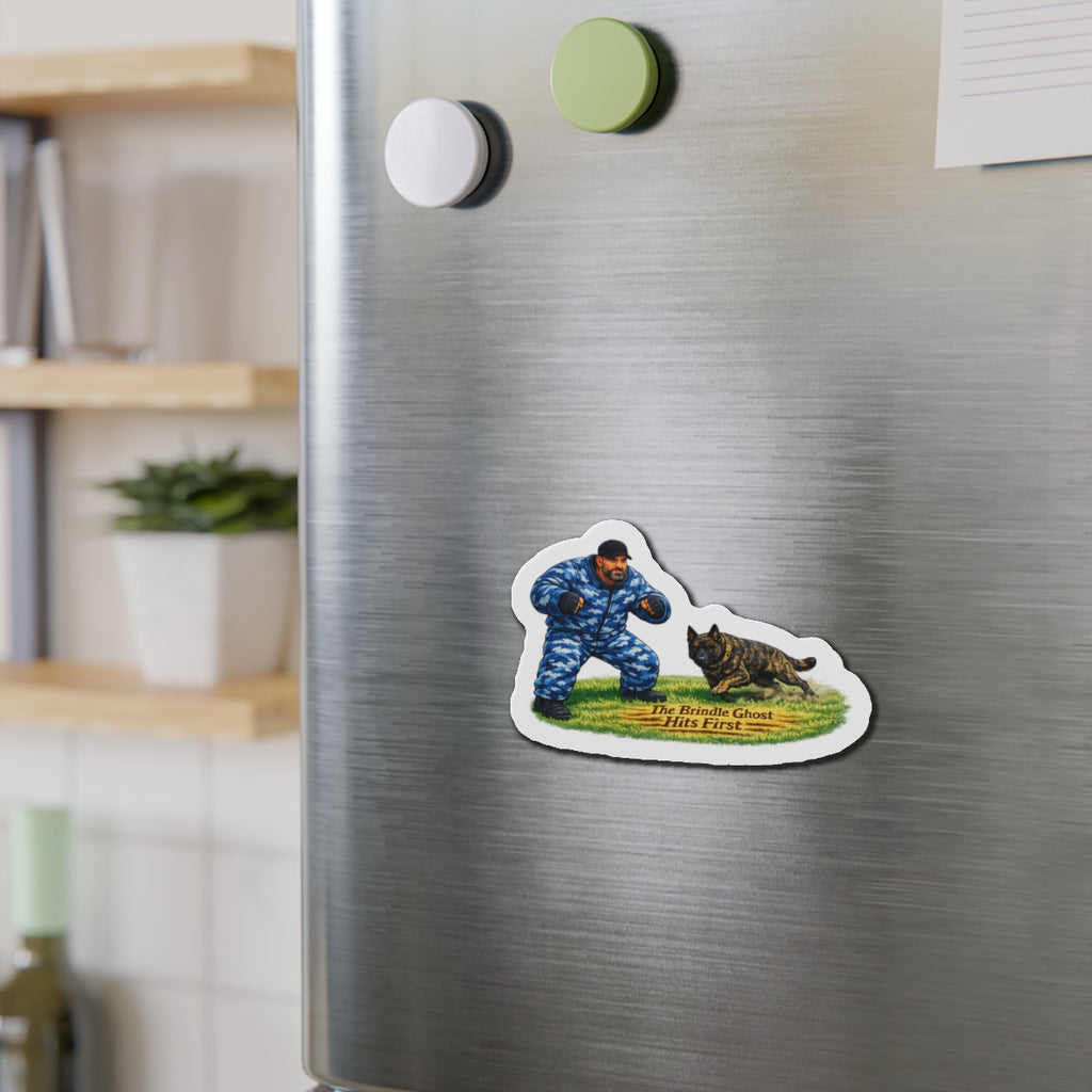 Die-Cut Magnet – 'The Brindle Ghost Hits First' K9 Trainer Design