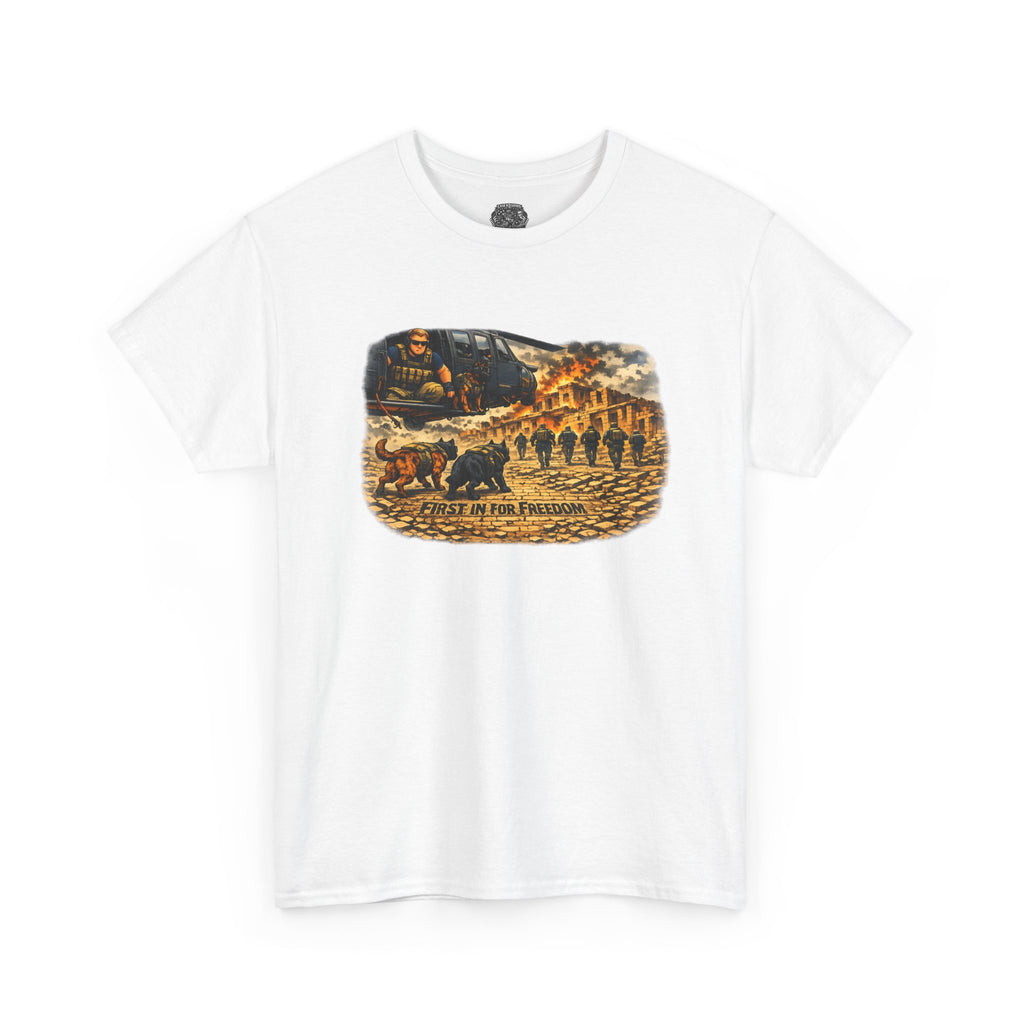 Military K-9 Freedom T-Shirt – "The First In to Battle" Graphic Tee