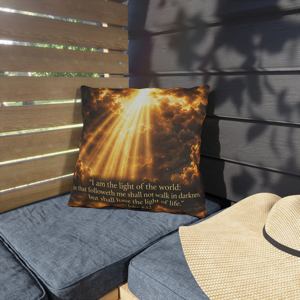 Outdoor Pillow - "I Am the Light of the World" Sunray Christian Decorative Pillow (John 8:12)