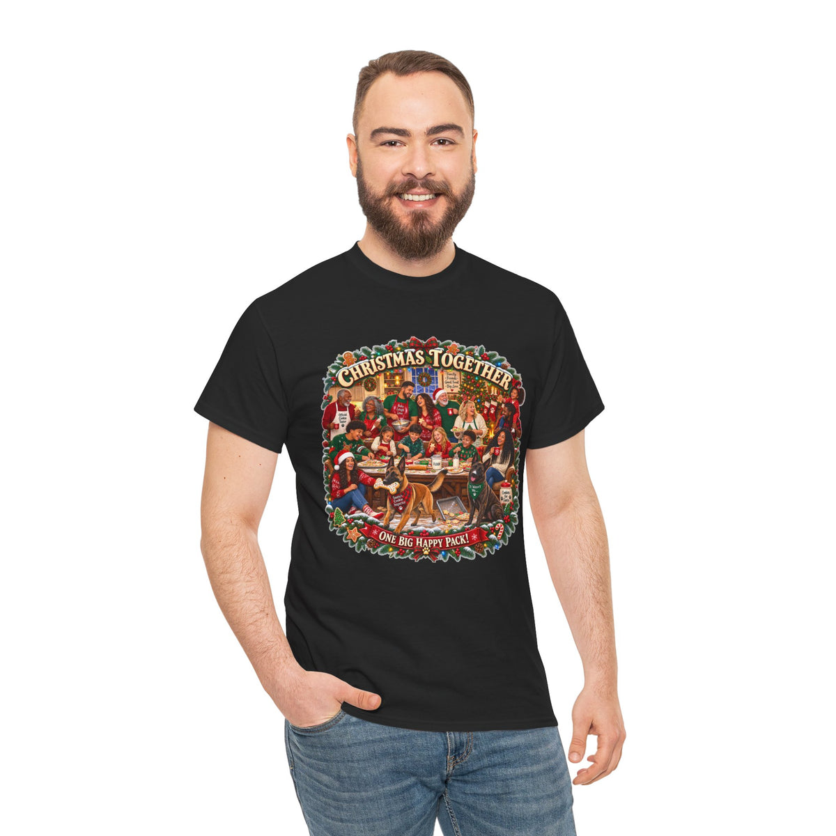 Christmas Together Tee — Vintage Family Holiday Scene "One Big Happy Place"