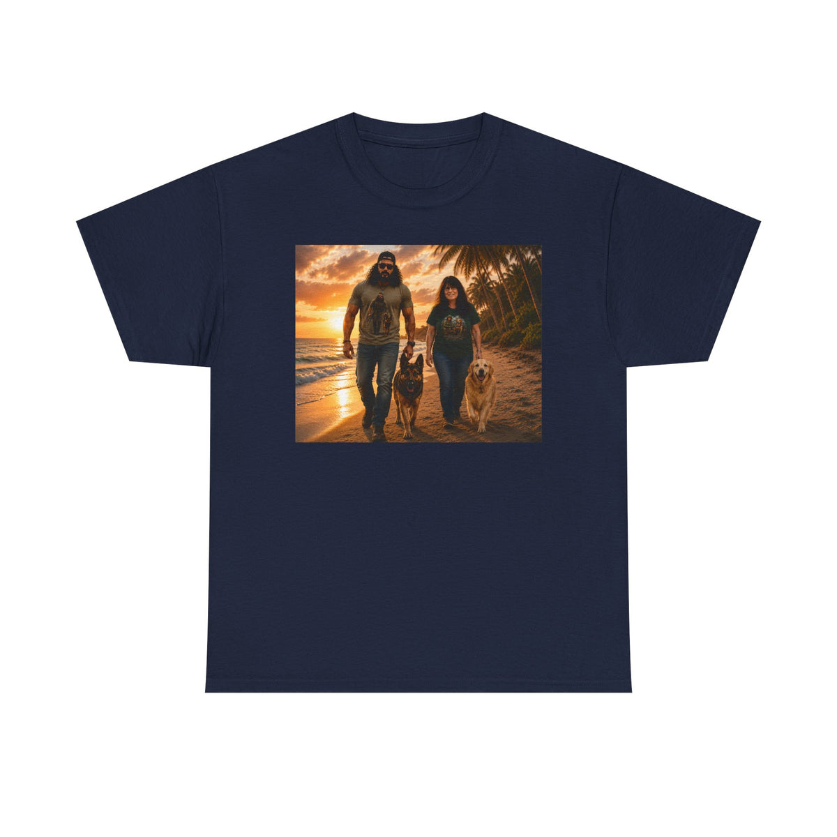Family Beach Walk Graphic Tee — Couple with Dogs Sunset Shirt