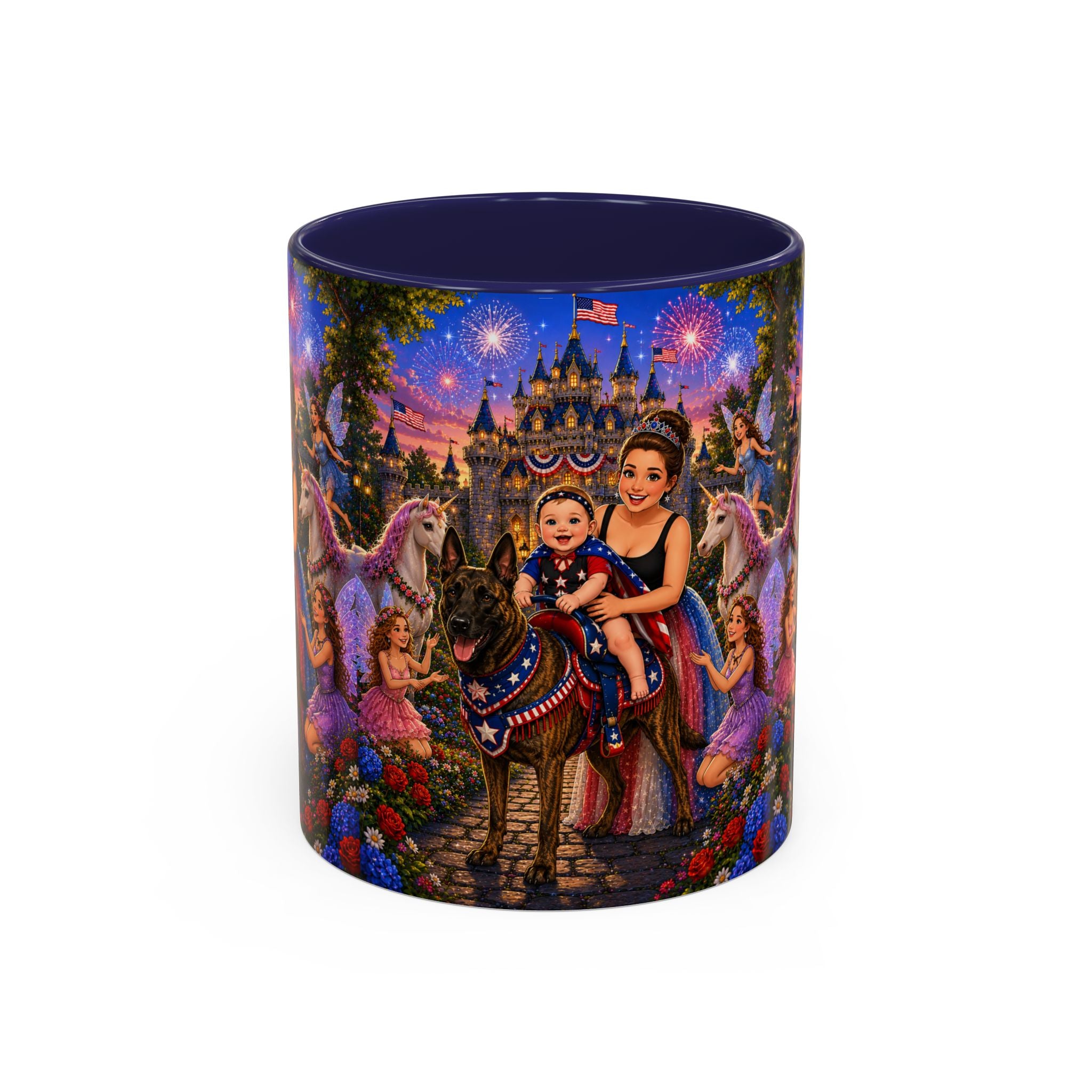 Patriotic Fairy Tale Coffee Mug — Family Castle, Fireworks & Unicorns
