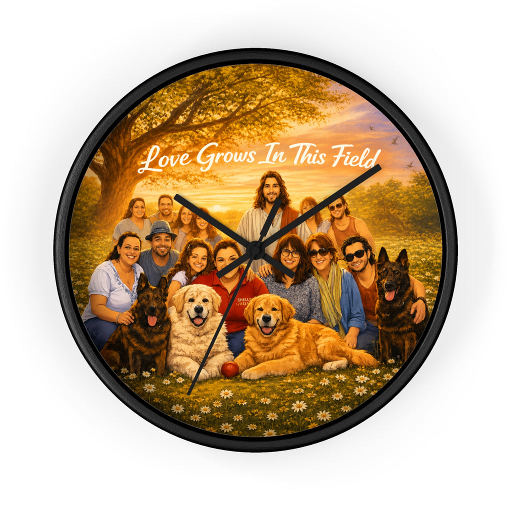 Wall Clock - "Love Grows In This Field" Religious Family & Pets Decorative Clock