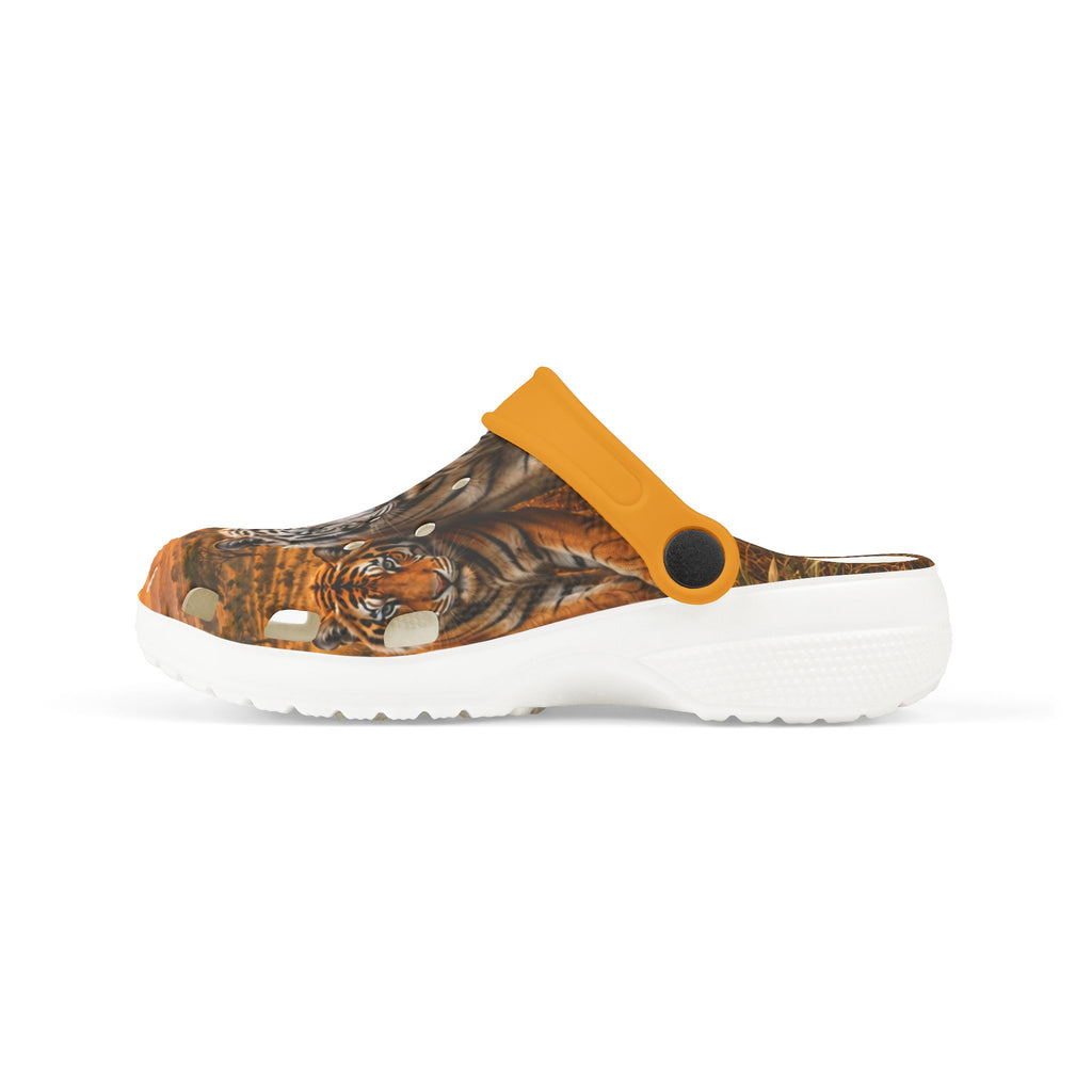 Kids Tiger Print Foam Clogs — Orange Jungle Animal Slip-On Shoes
