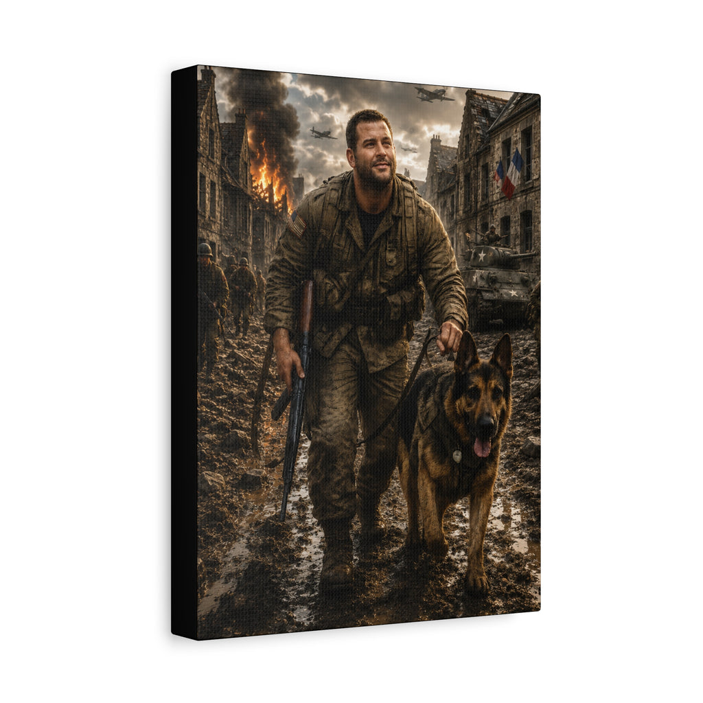 War Hero Canvas Print — Soldier with Military Dog Matte Stretched Wall Art