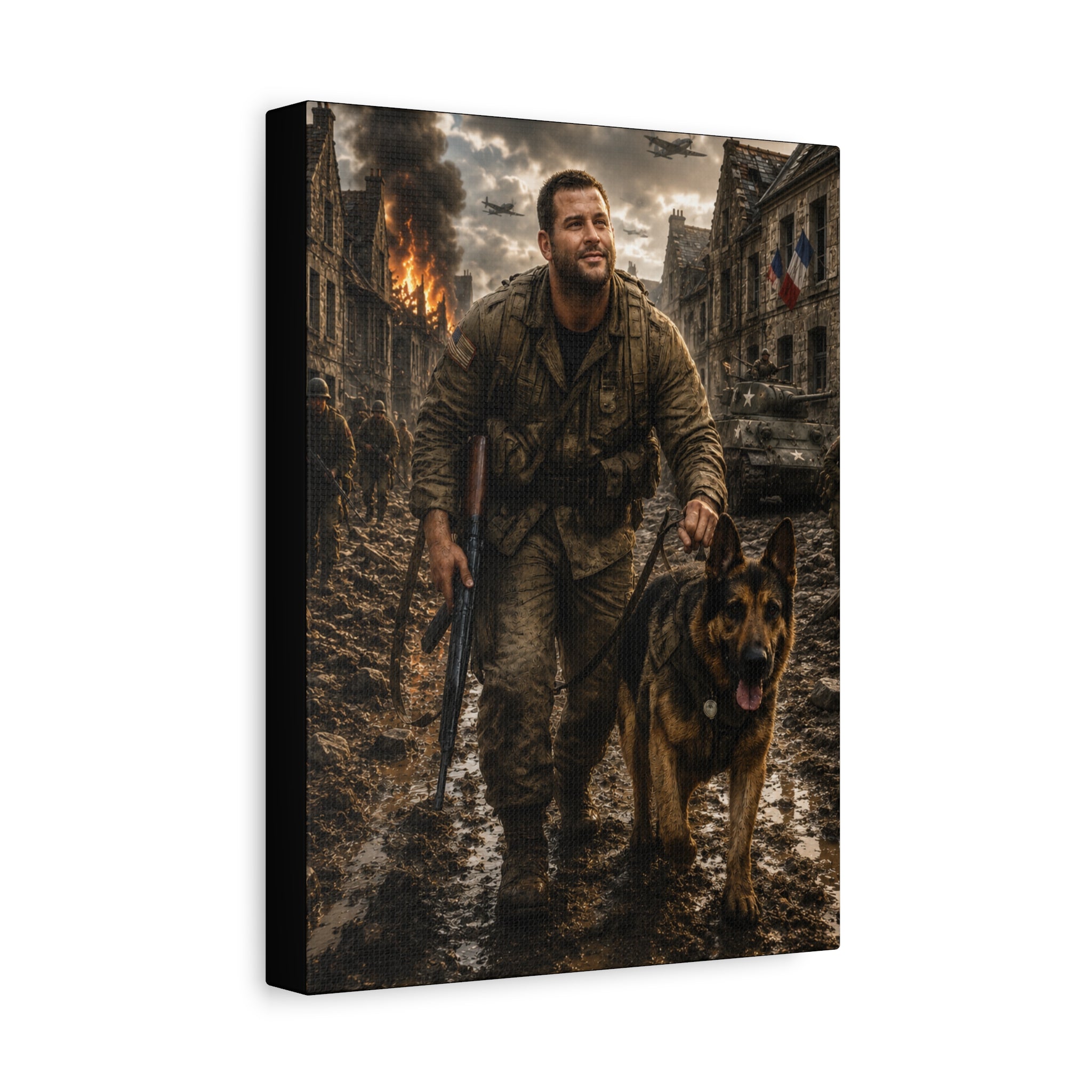 War Hero Canvas Print — Soldier with Military Dog Matte Stretched Wall Art