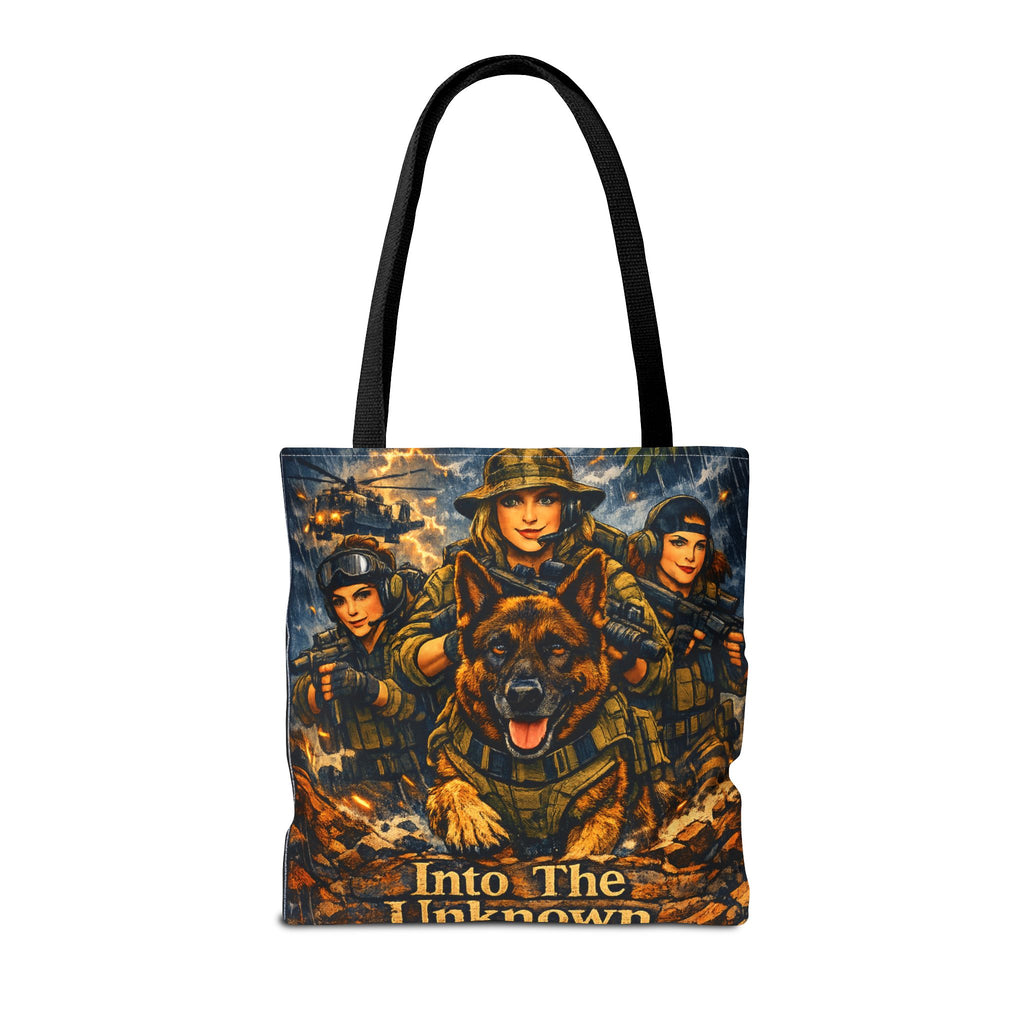 Military K9 Tote Bag — "Into The Unknown" Tactical Dog & Soldier Print