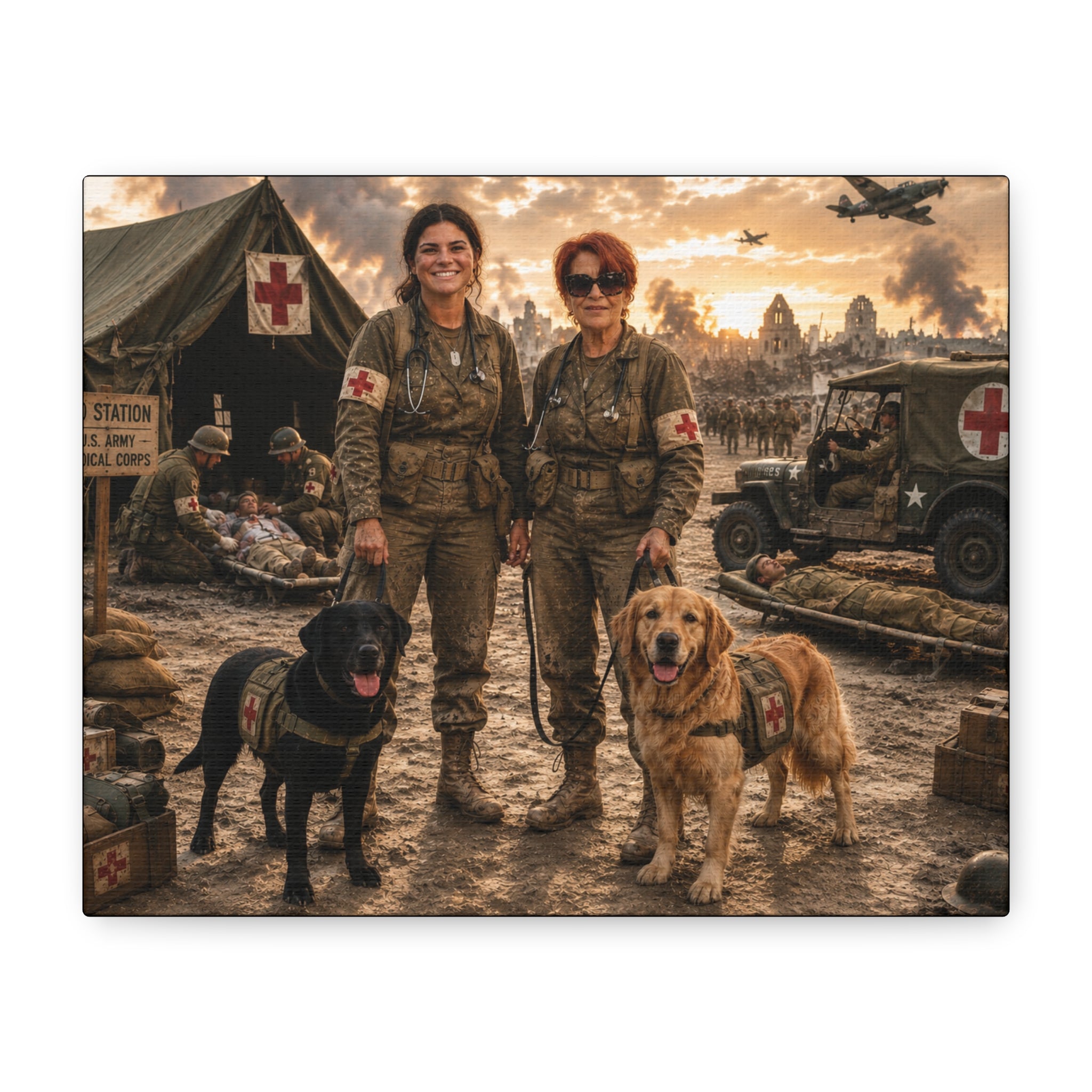 Military Women K9 Medics & Service Dogs Matte Canvas Print — Vintage Wartime Field Hospital Wall Art