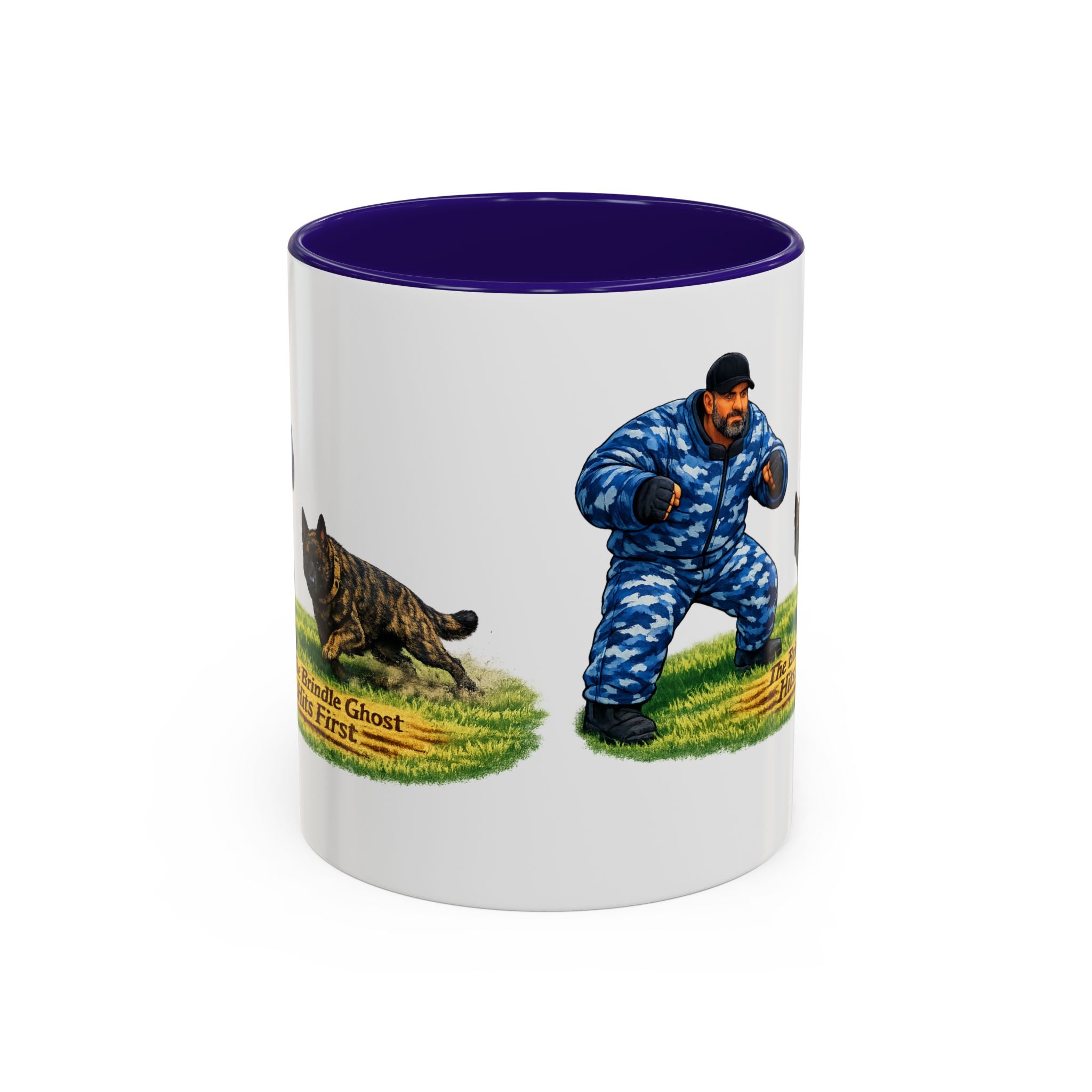 K9 Protection Trainer Mug — “The Brindle Ghost Hits First” Color Accent Coffee Cup (11oz/15oz)