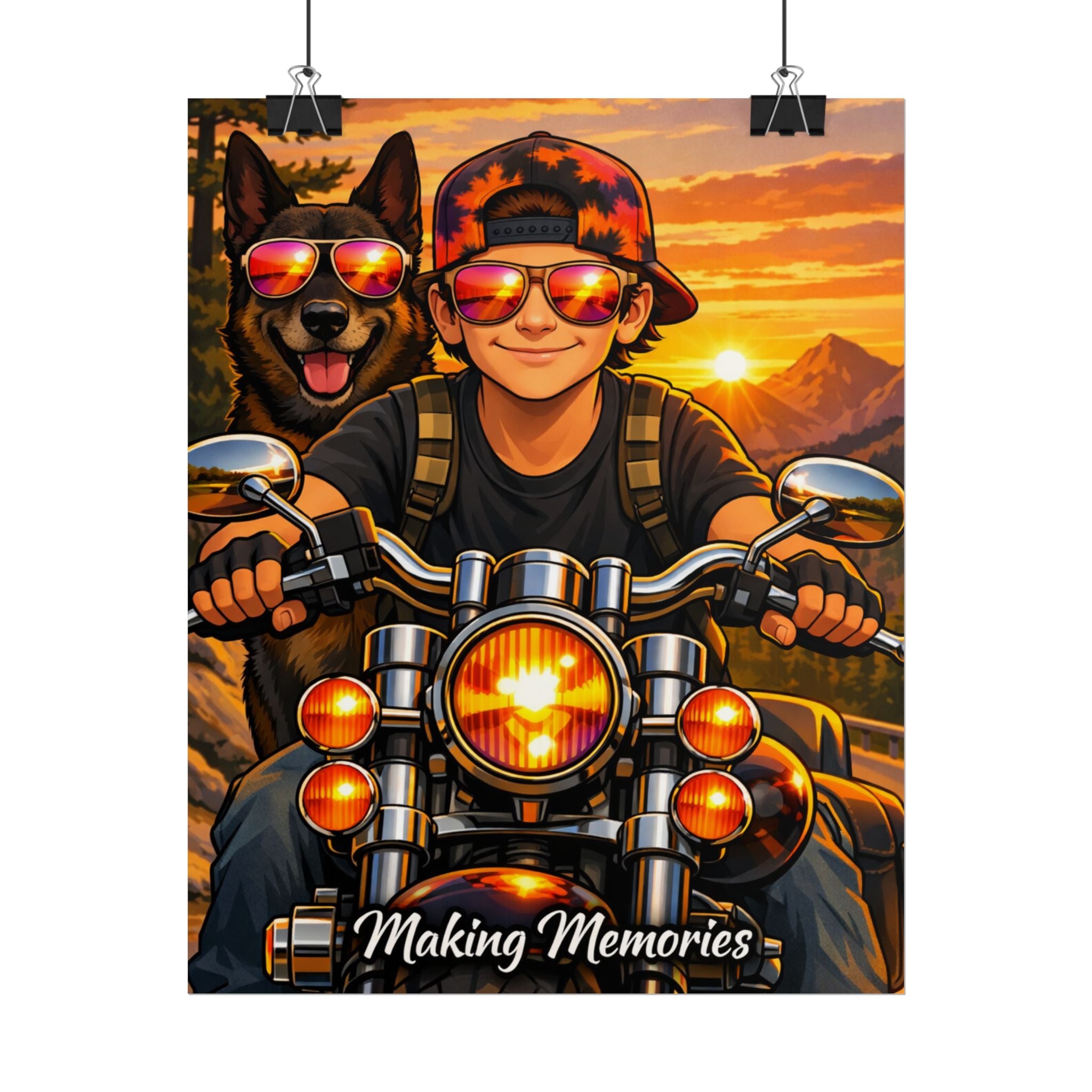 Rolled Poster — "Making Memories" Motorcycle Rider & Dog Sunset Art