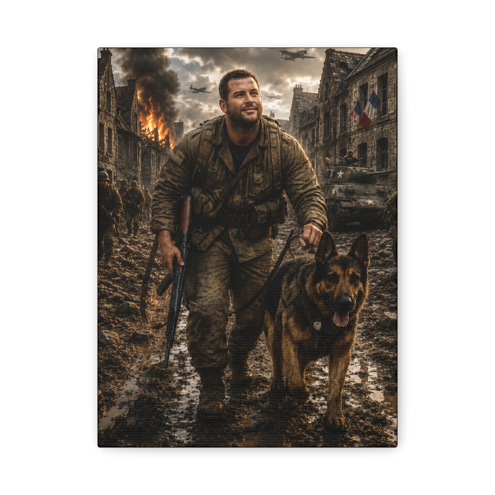 War Hero Canvas Print — Soldier with Military Dog Matte Stretched Wall Art