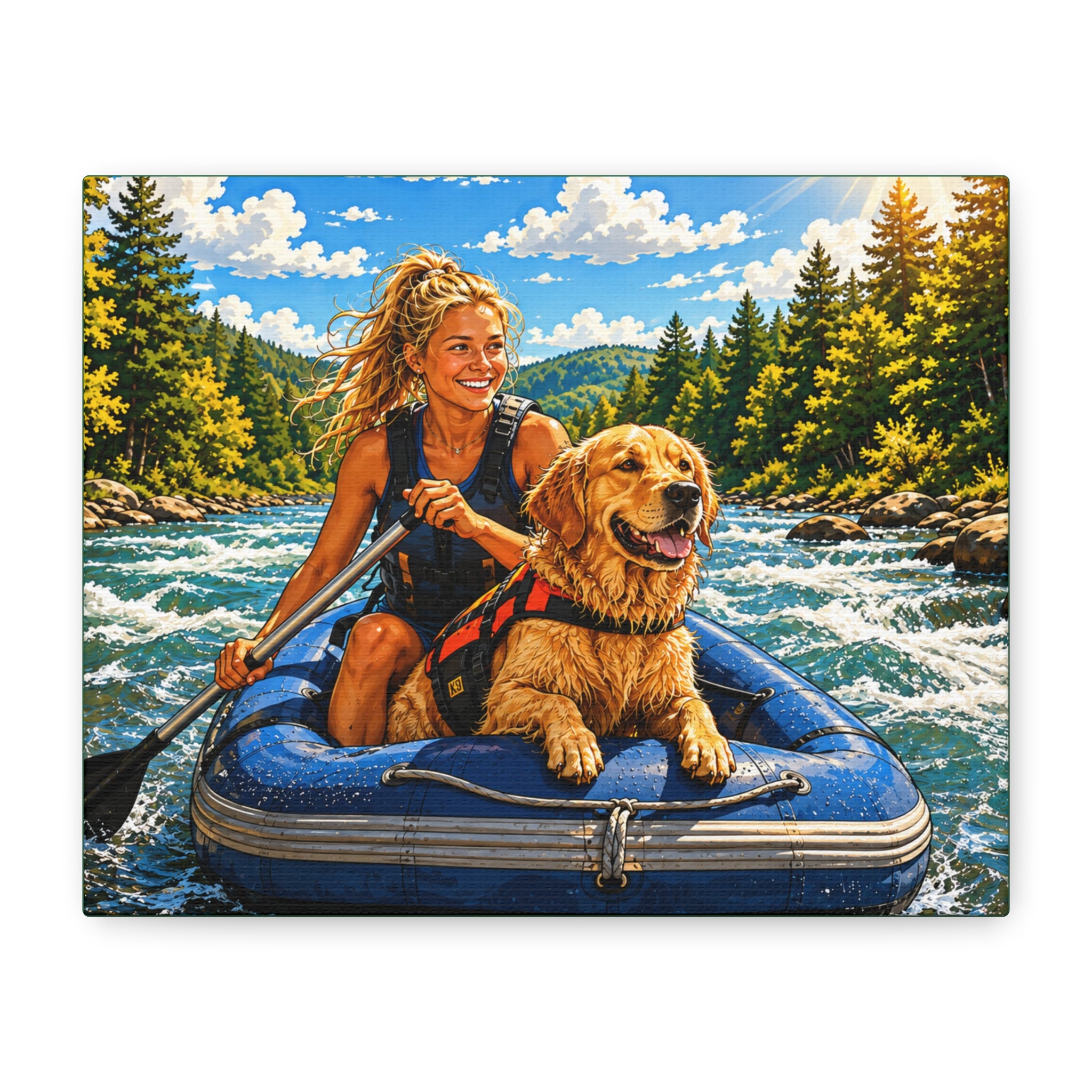 Rafting K-9 Adventure Canvas Print — Woman & Dog River Wall Art