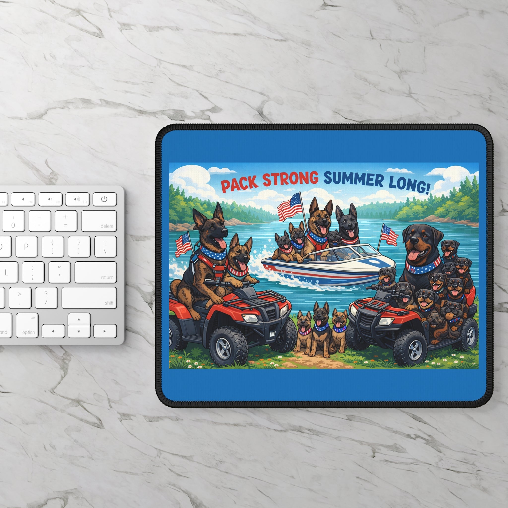 Pack Strong Summer Long Gaming Mouse Pad — Patriotic German Shepherds Lake Scene