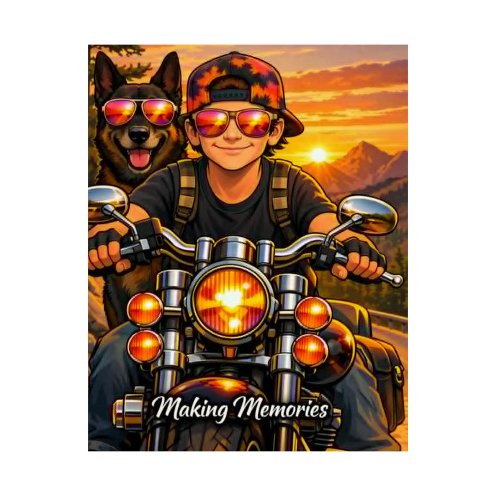 Satin Poster – 'Making Memories' Motorcycle Rider & Dog Sunset Print (210gsm)