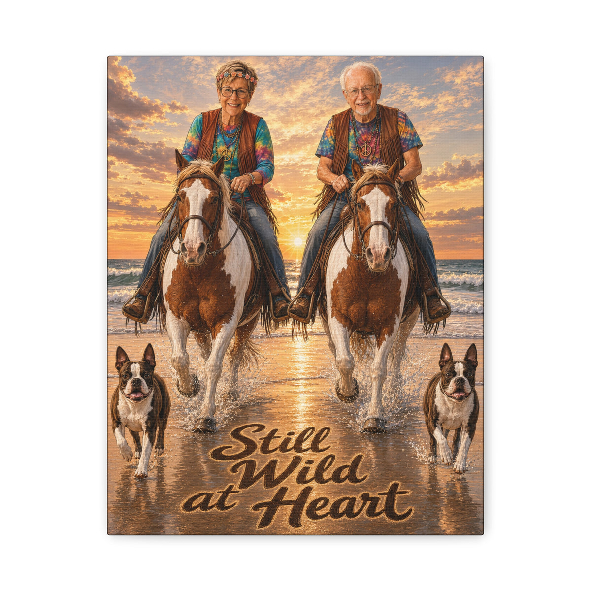 Still Wild at Heart Canvas Wall Art – Elder Couple Riding Horses on Beach