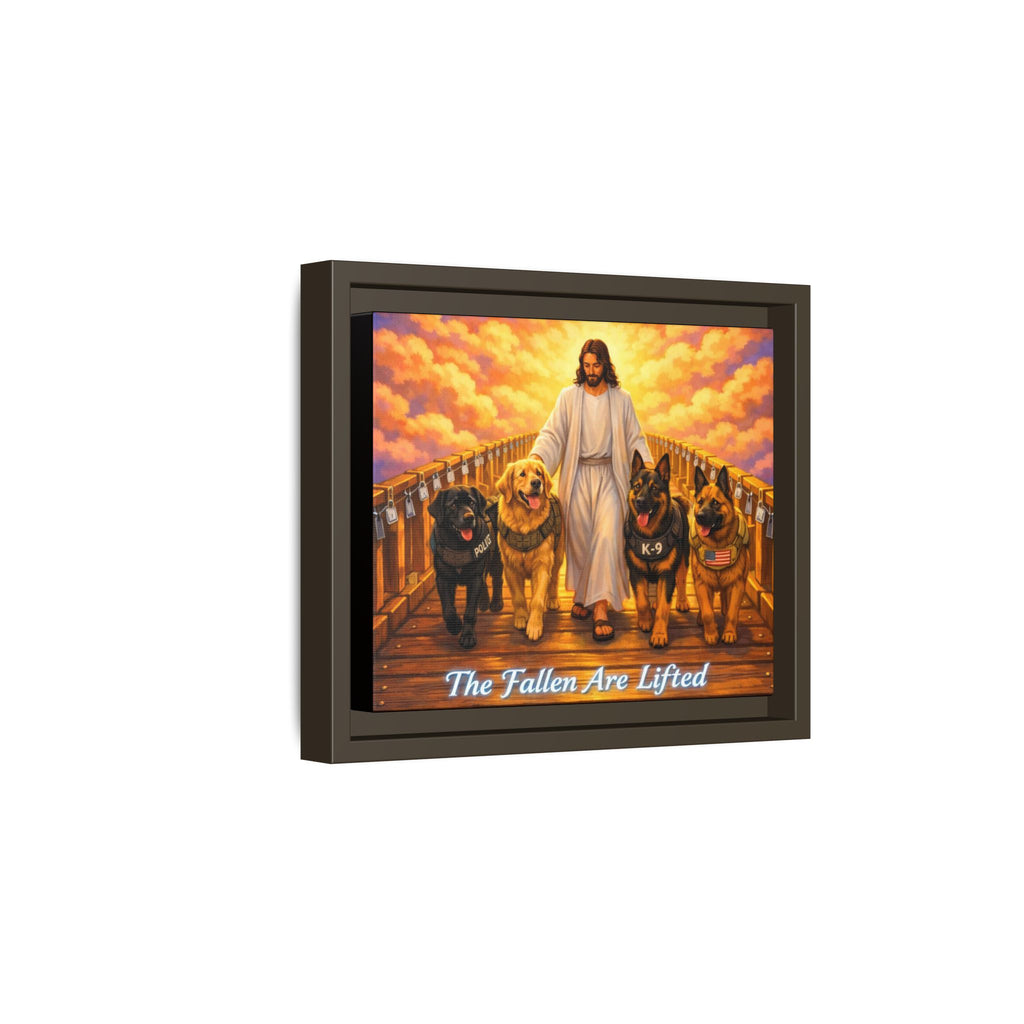 Framed Canvas Wall Art – “The Fallen Are Lifted” Jesus with K-9 Dogs Memorial Print