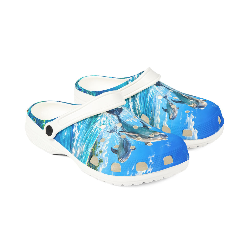 Dolphin Splash EVA Foam Clogs — Watercolor Ocean Beach Slip-Ons